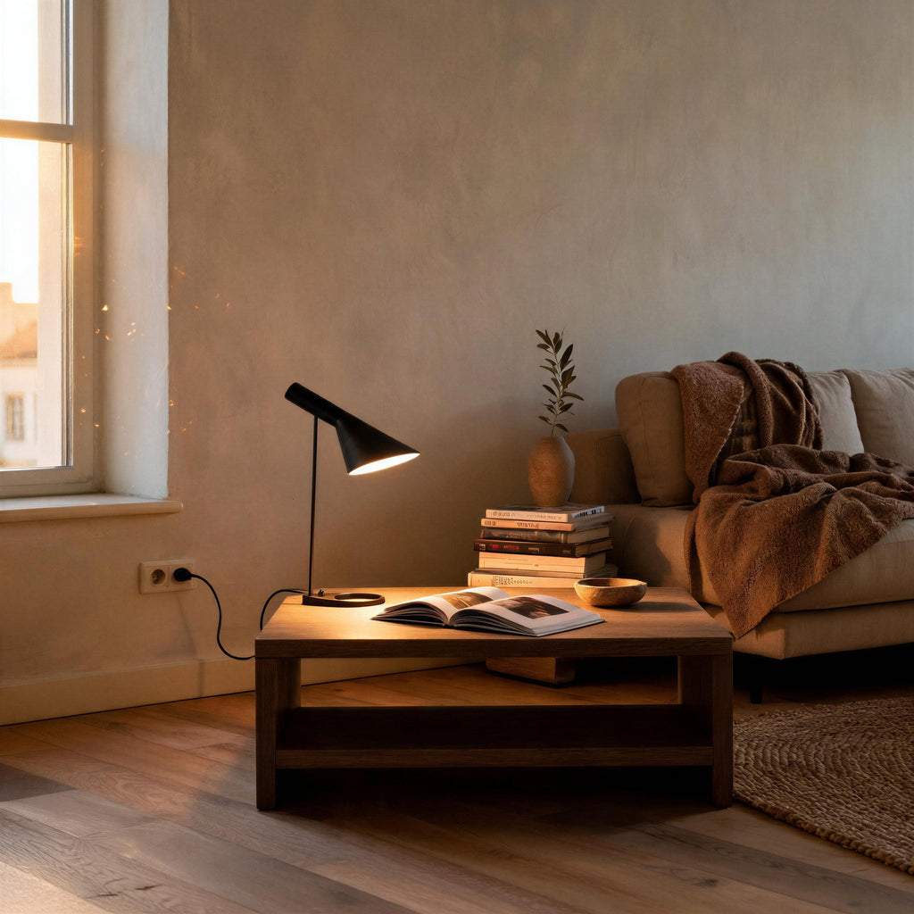 Black cone lamp lit on a walnut coffee table beside an open book, books and olive sprig, neutral sofa and warm window light in a calm living room