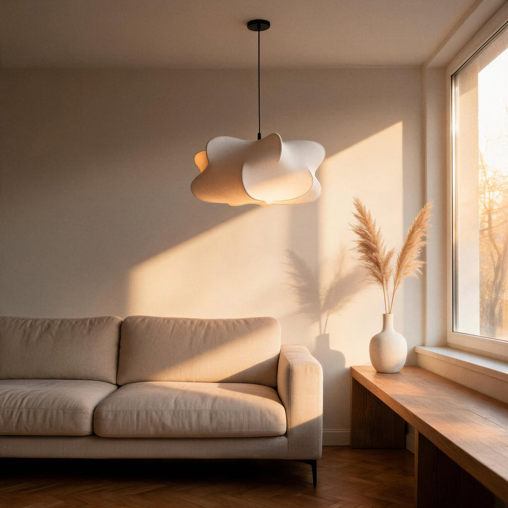 Pendant lamp glowing warmly above a beige linen sofa in a sunlit living room with pampas grass and oak bench.