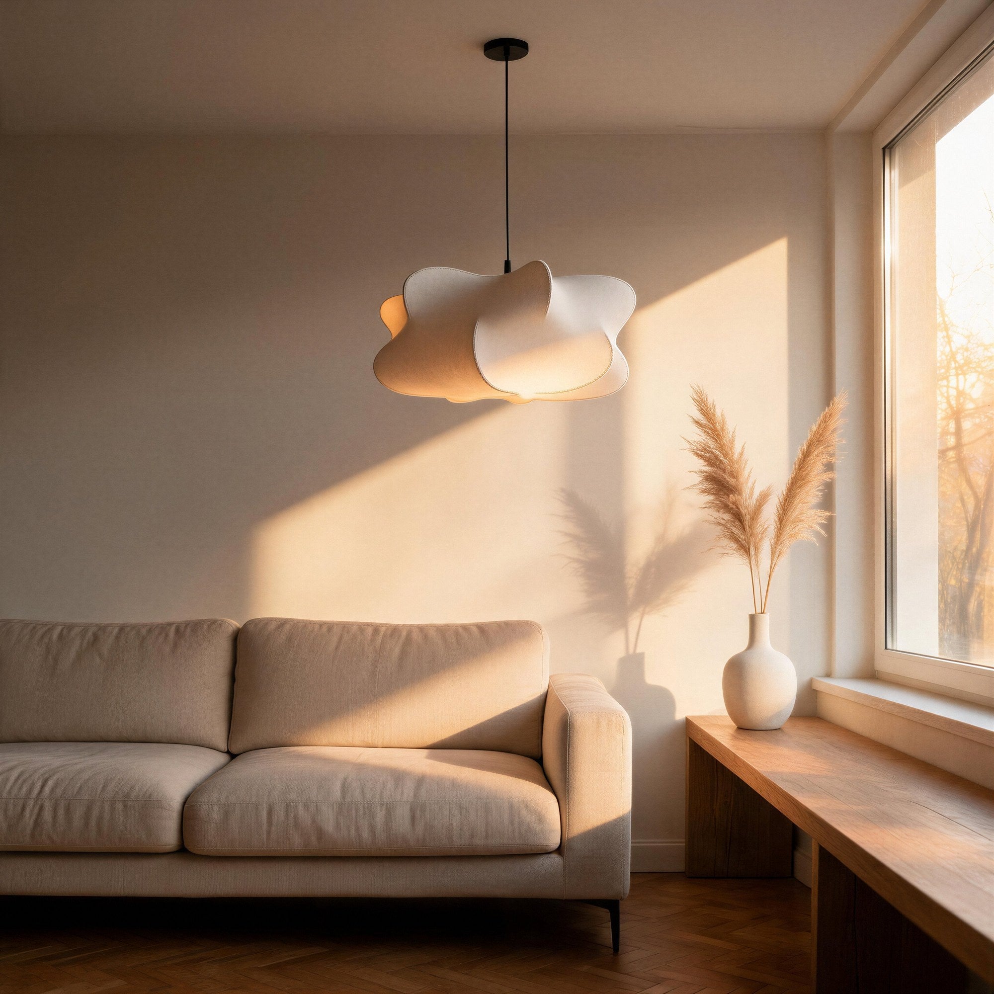 Pendant lamp glowing warmly above a beige linen sofa in a sunlit living room with pampas grass and oak bench.