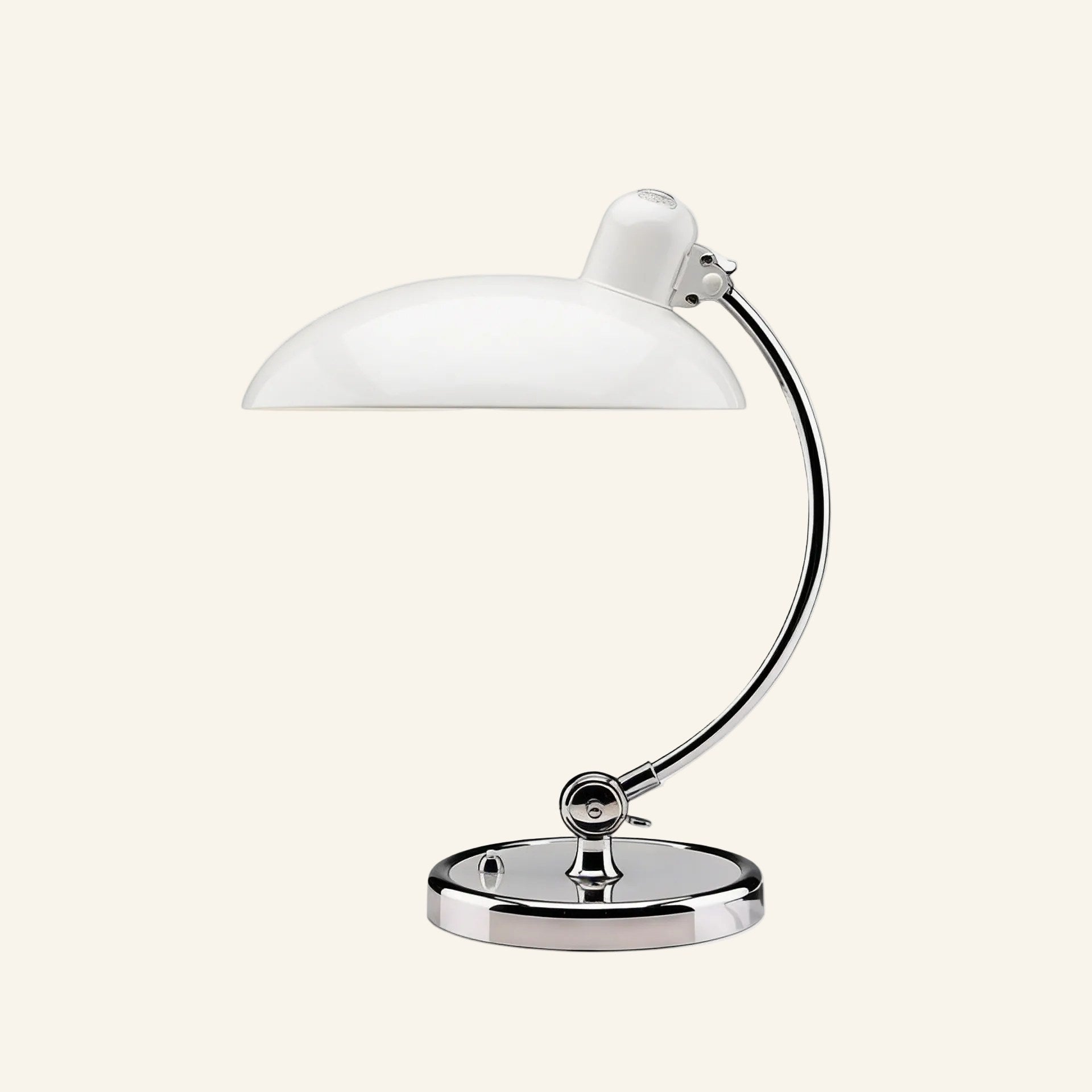 White lacquered version of the dome table lamp with curved chrome stem and circular base, photographed against a soft cream background.