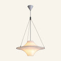 Opal glass UFO pendant lamp with saucer brim, tapered dome and downward cone suspended on four steel cables against cream backdrop