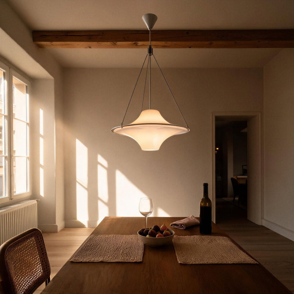 Saucer-shaped glass pendant glows above an oak dining table set with figs and wine, beneath exposed wooden ceiling beams at golden hour