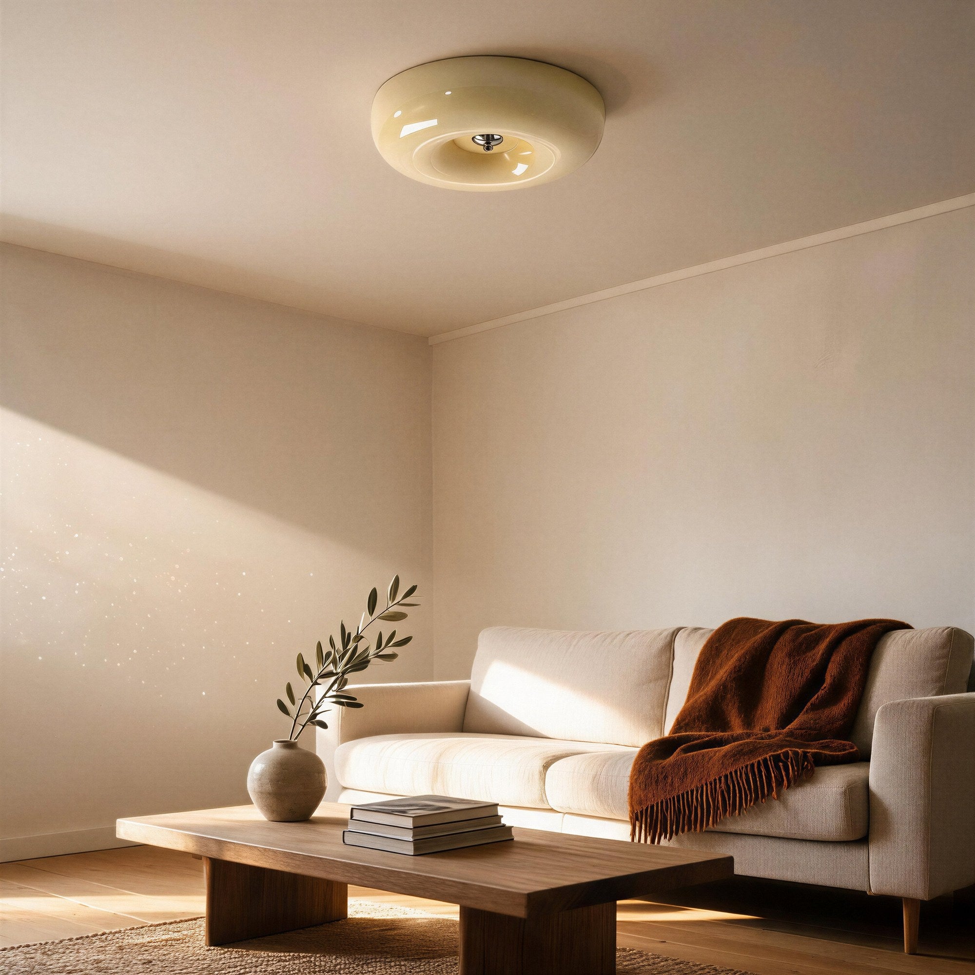Cream opal flush mount glowing on a neutral living room ceiling above a linen sofa, rust throw, wooden coffee table and olive sprig.