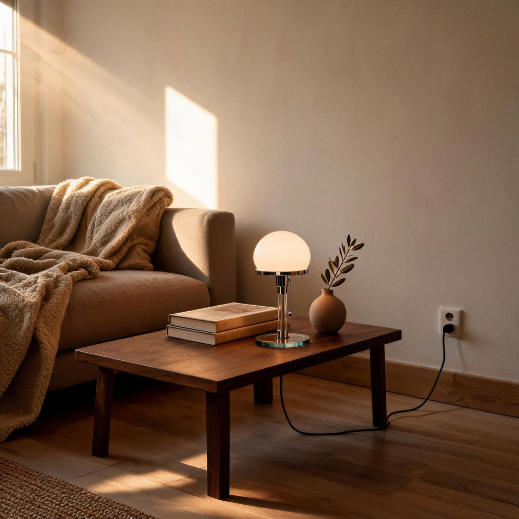 Lit Bauhaus table lamp on a walnut coffee table beside books and a ceramic vase, sunlit living room with throw-draped sofa