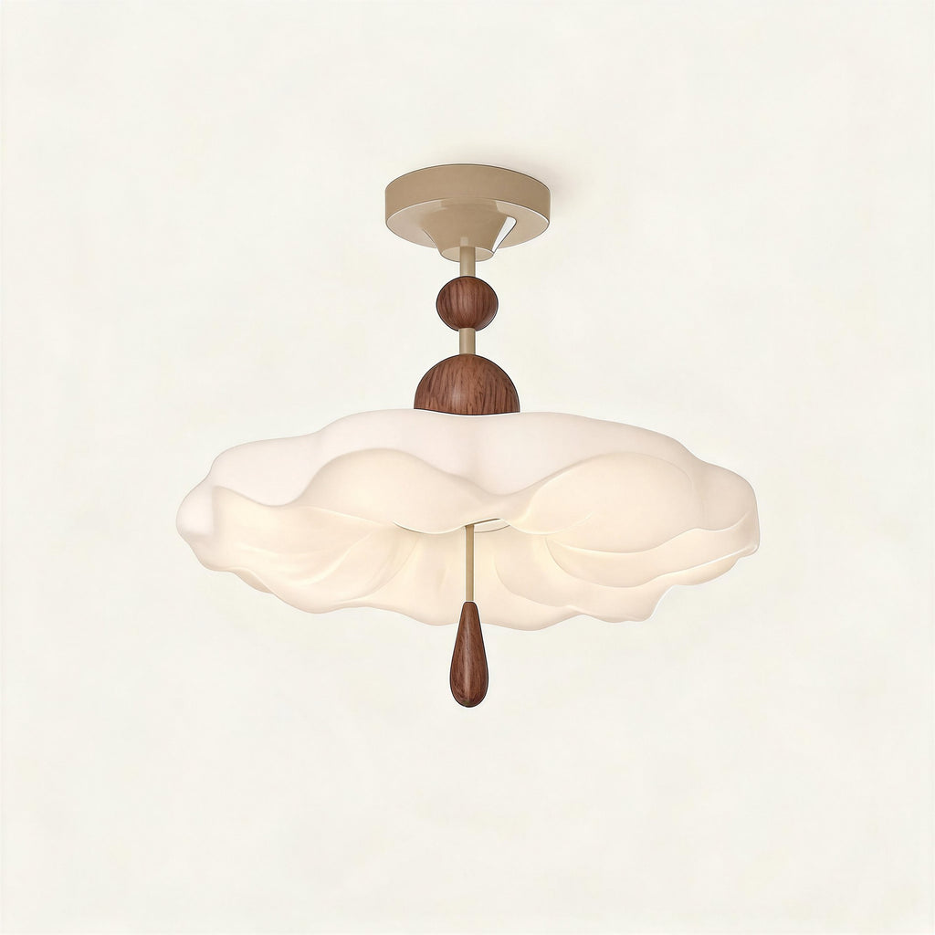 Ruffled cream acrylic semi-flush ceiling light with stacked walnut beads and teardrop pull, mounted on a cream canopy against neutral background.