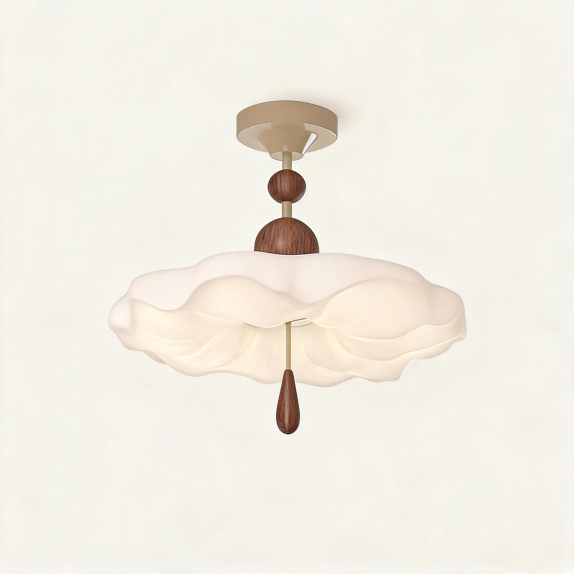 Ruffled cream acrylic semi-flush ceiling light with stacked walnut beads and teardrop pull, mounted on a cream canopy against neutral background.