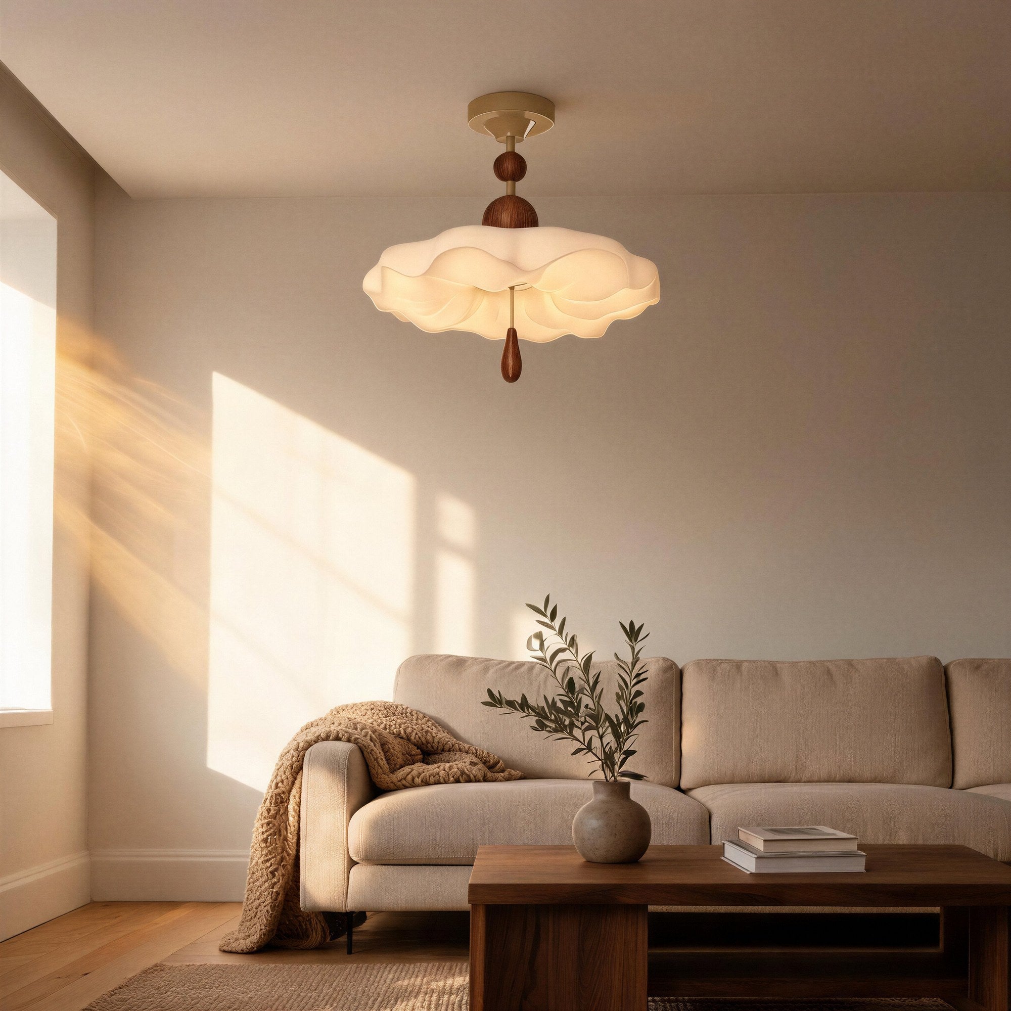 Cloud-shaped ceiling light glowing above a linen sofa, walnut coffee table and olive branch in a sunlit minimalist living room.