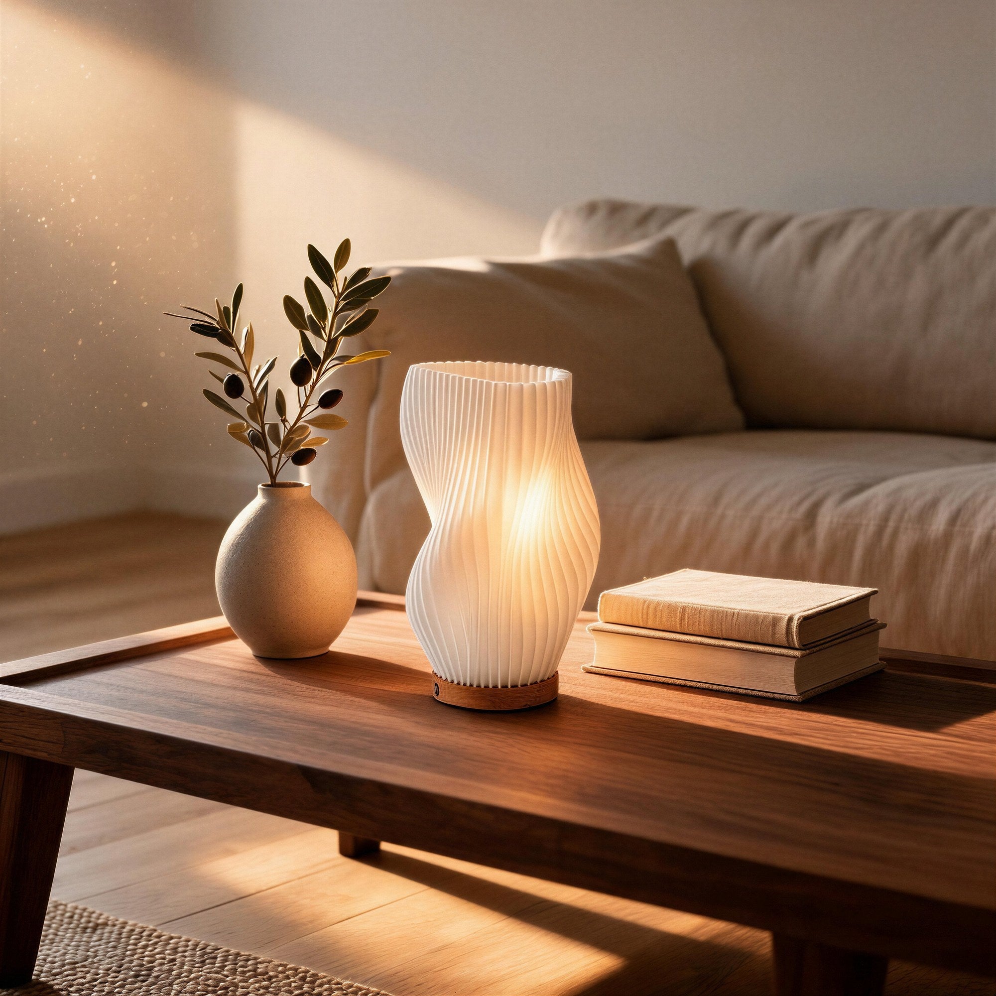 Lit cordless lamp on a walnut coffee table beside a stoneware vase with olive sprigs and stacked books, evening bedroom-style scene.
