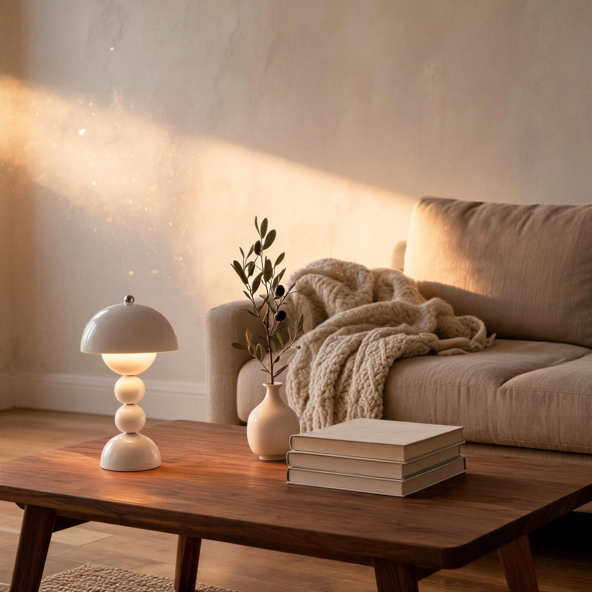 Lit white mushroom lamp on a walnut coffee table beside an olive sprig vase and stacked books, with linen sofa in warm evening light