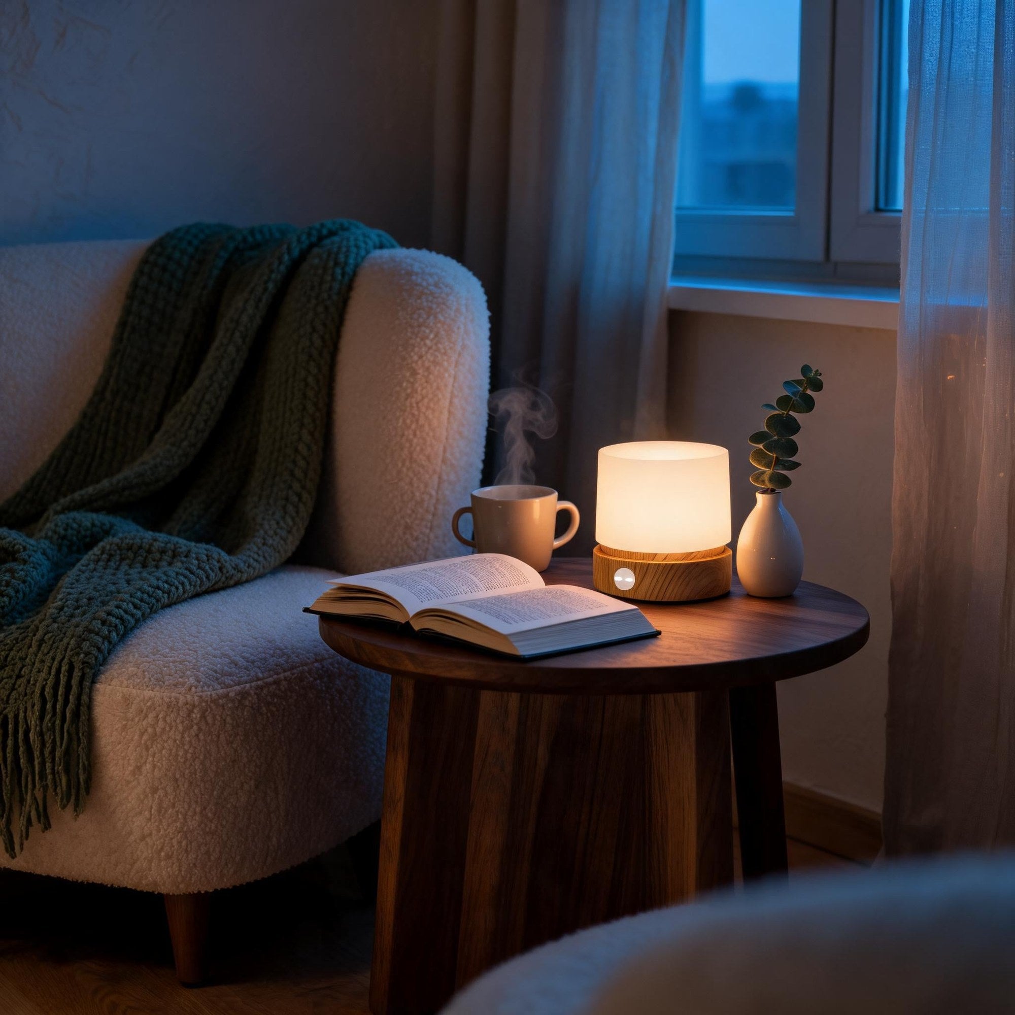 Glowing mini lamp with wood-grain base set on a walnut side table beside a steaming mug, open book and bouclé armchair at dusk