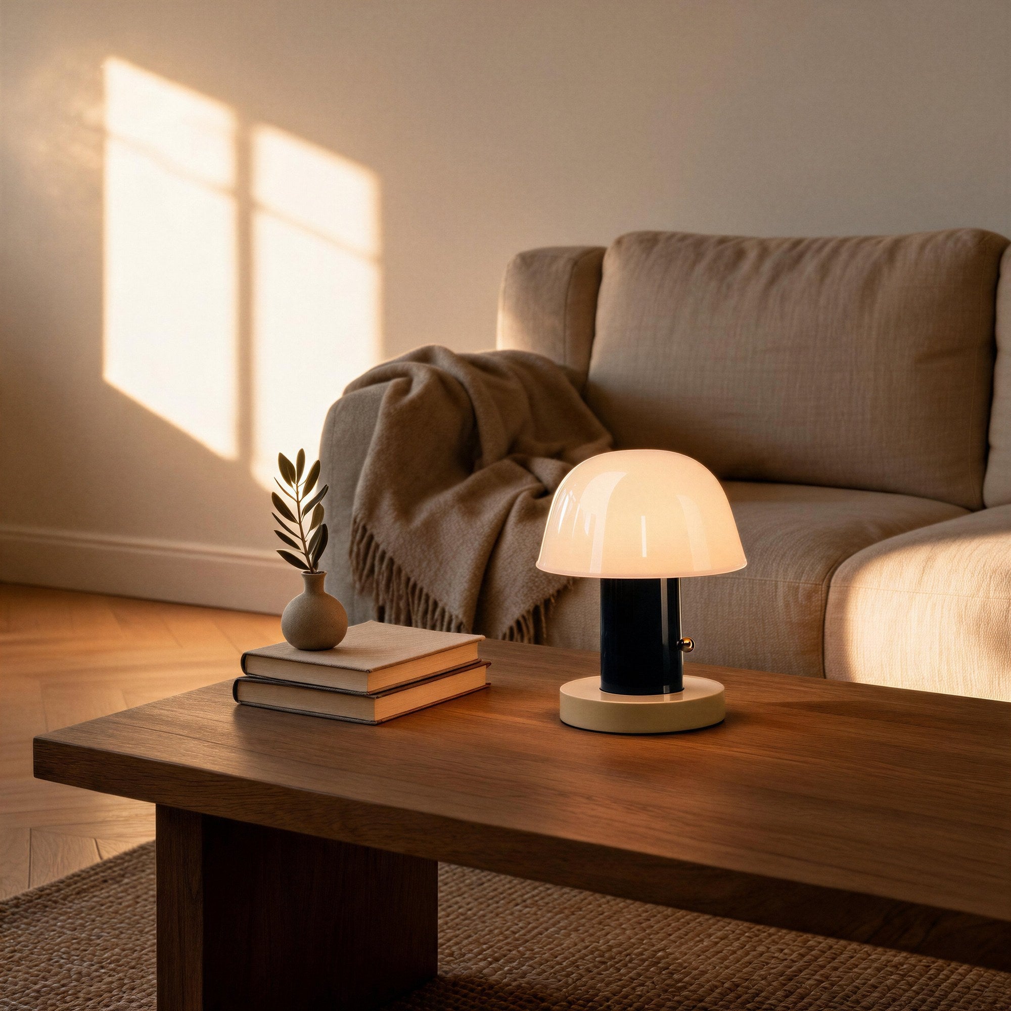 Lit mushroom lamp on a walnut coffee table beside stacked books and a small vase, beige sofa with throw in a sunlit living room