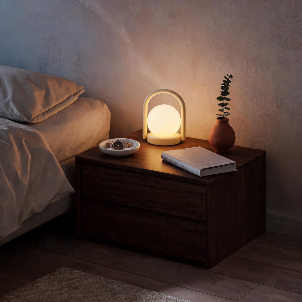 Portable globe lantern glowing on a walnut bedside drawer beside a watch dish, book and terracotta vase, warm bedroom evening scene.