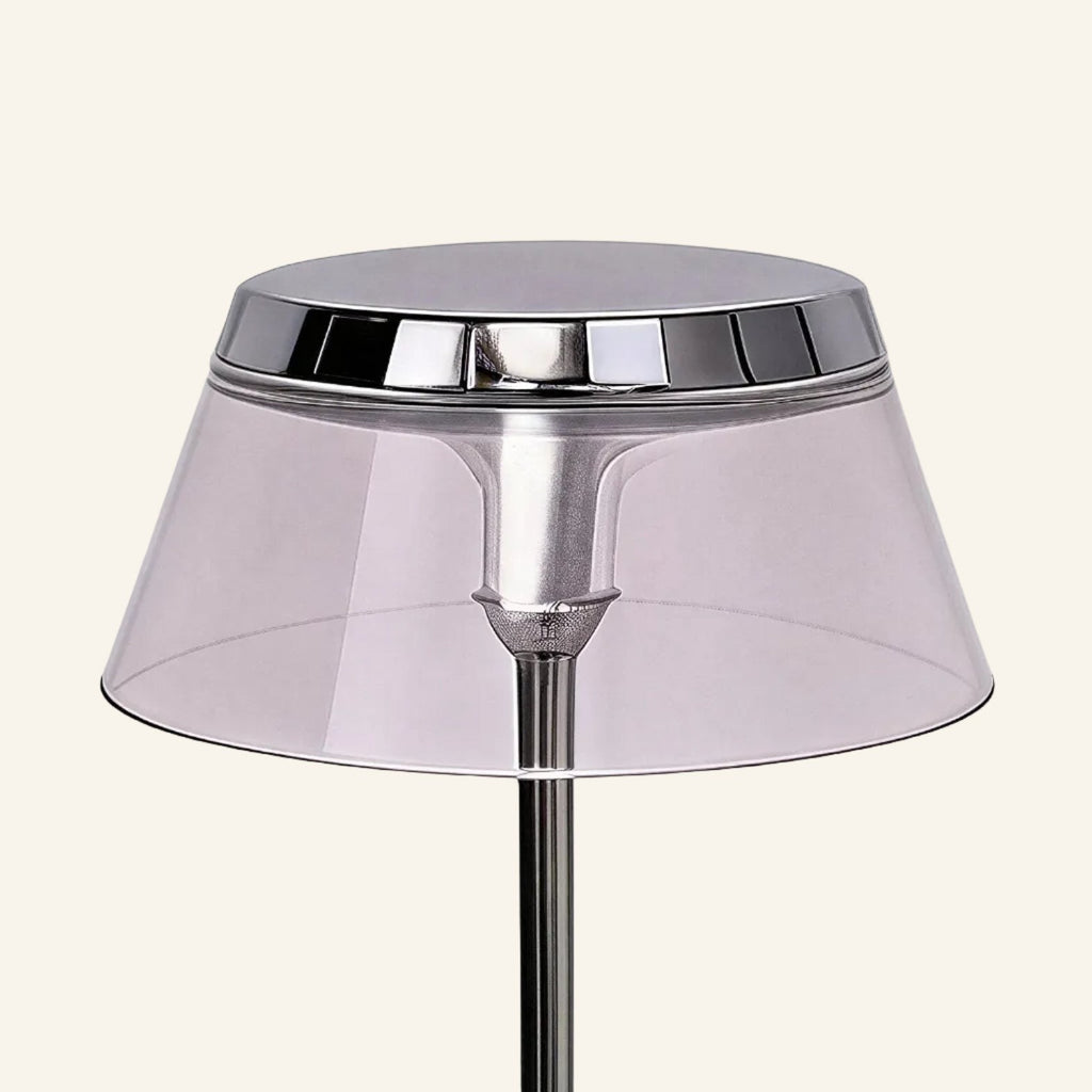 Close-up of the polished chrome cap and tinted acrylic drum shade, showing mirrored trim and bulb housing through translucent walls