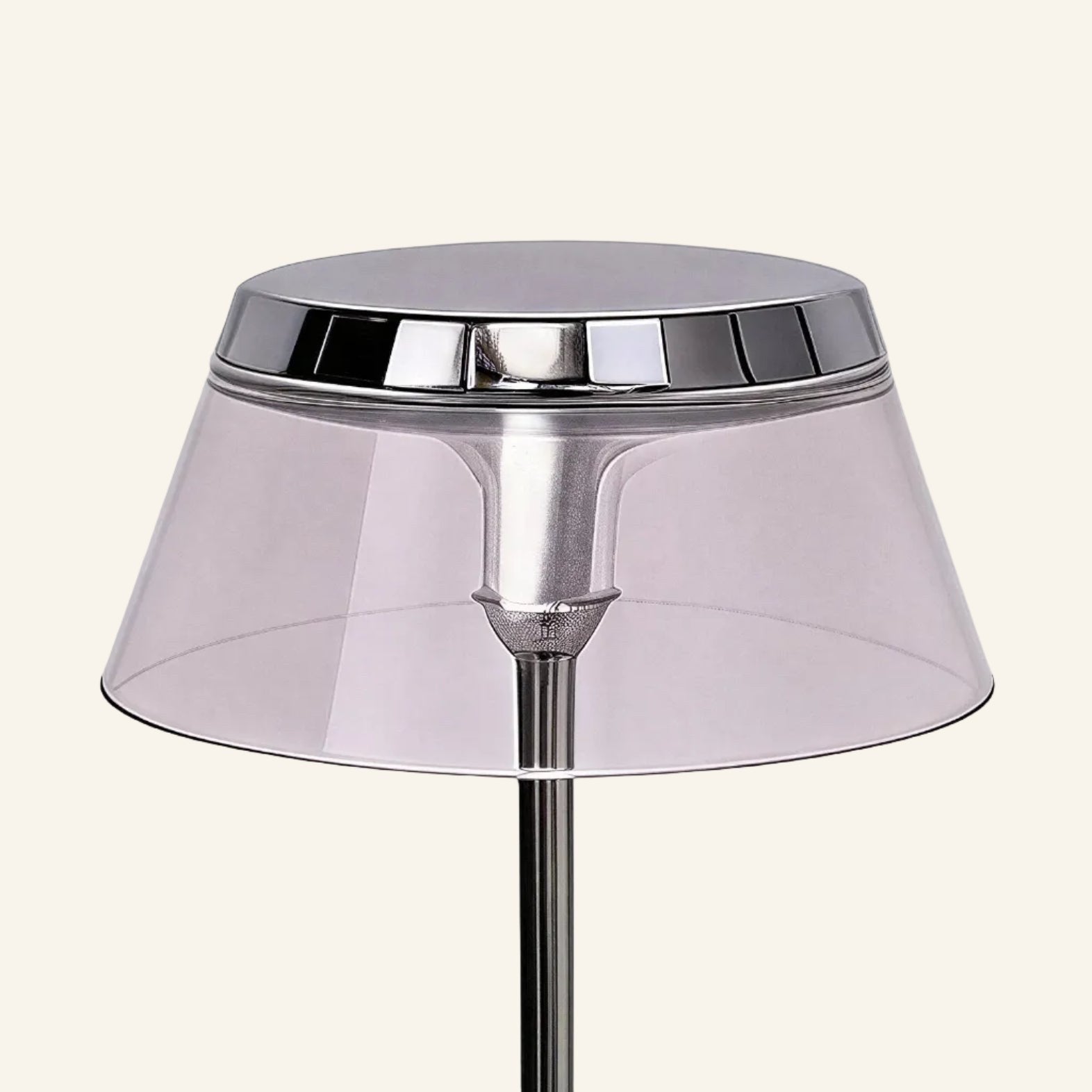 Close-up of the polished chrome cap and tinted acrylic drum shade, showing mirrored trim and bulb housing through translucent walls