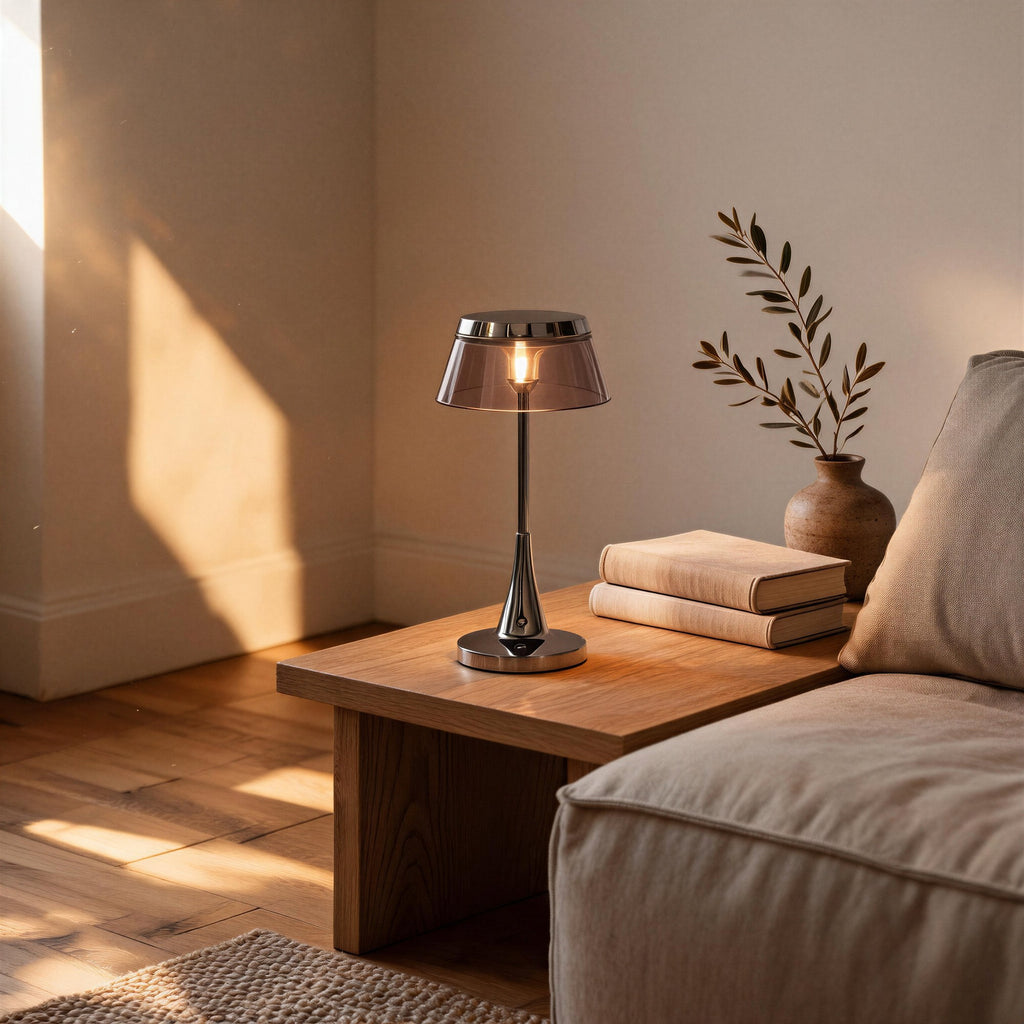 Cordless chrome bedside lamp glowing on an oak coffee table beside stacked books and an olive sprig, sunlit minimalist living room