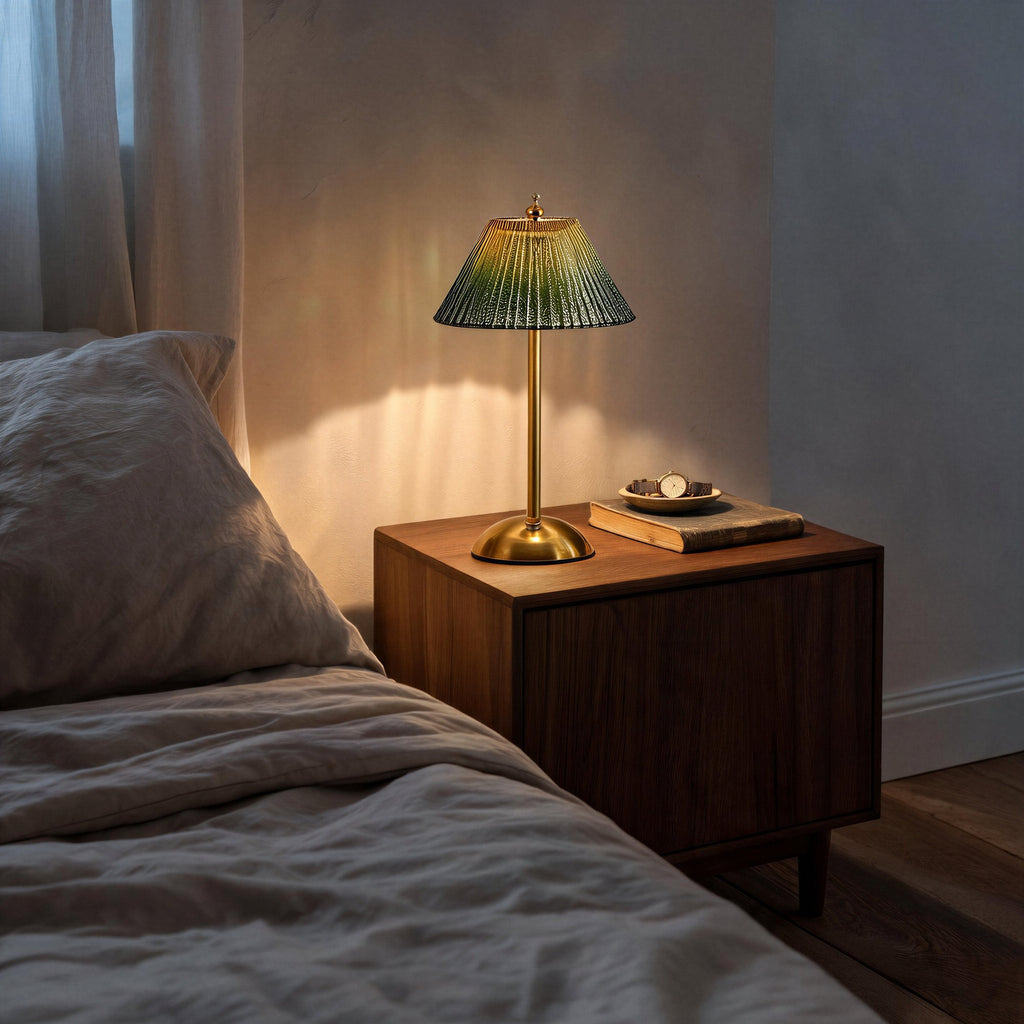 Lit lamp on a walnut nightstand beside linen bedding, casting warm bedroom glow across plaster walls and sheer curtains.