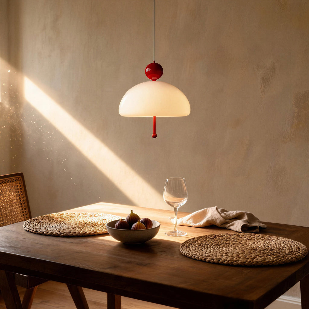 Lit pendant lamp hanging above a wooden dining table with woven placemats, fig bowl and wine glass in sunlit dining room