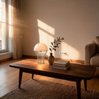 Lit dome table lamp glowing on a walnut coffee table beside an olive sprig vase and books in a sunlit living room.