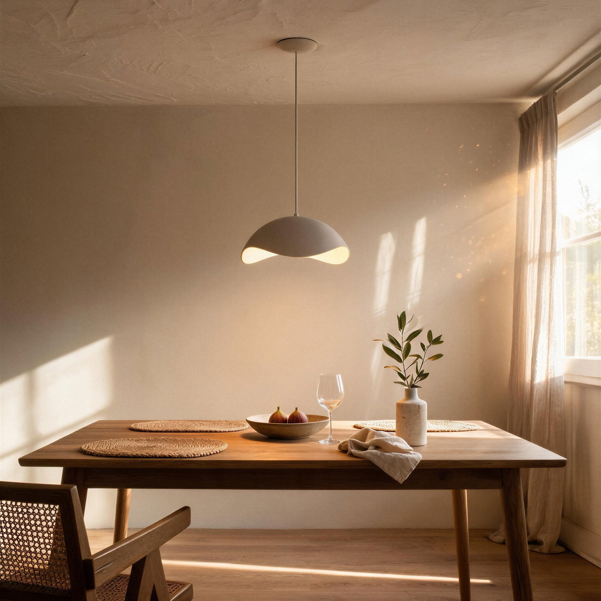 Dome pendant lamp glowing softly above an oak dining table with woven mats, fig bowl, wine glass and stoneware vase in sunlit dining room.