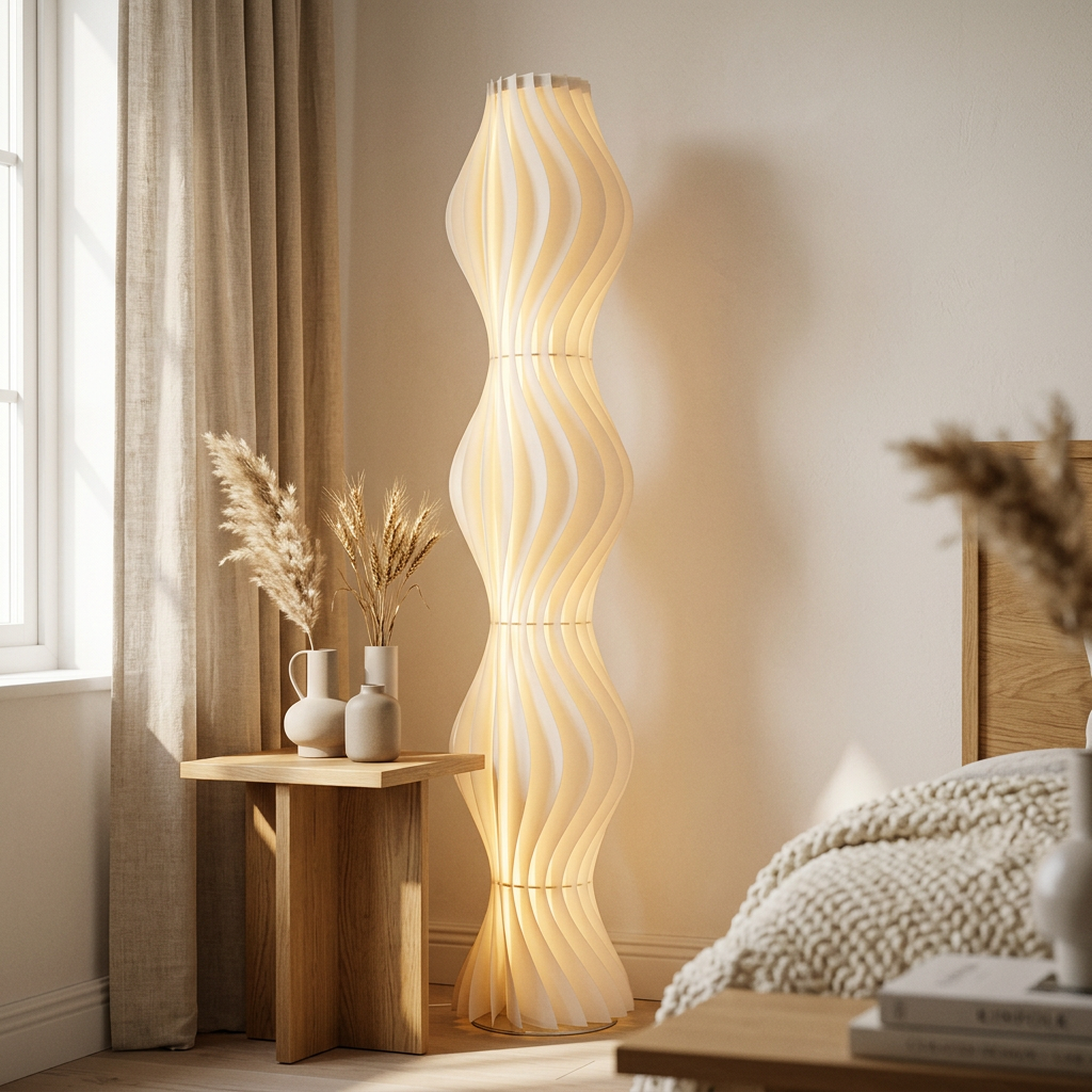 Tiered White Floor Lamp with Sculptural Skirt Shade