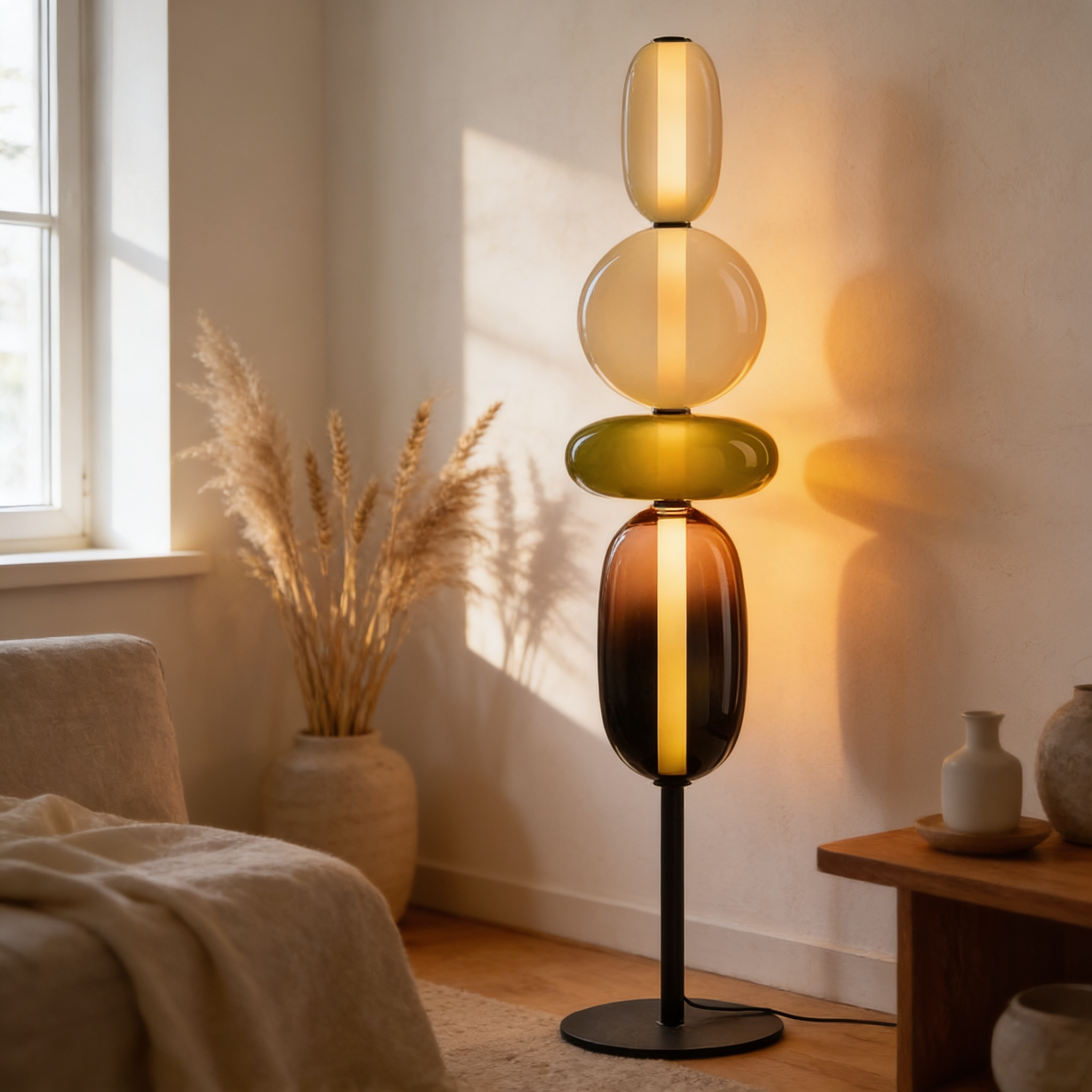 Sculptural Stacked Glass Pistachio Pebble Floor Lamp
