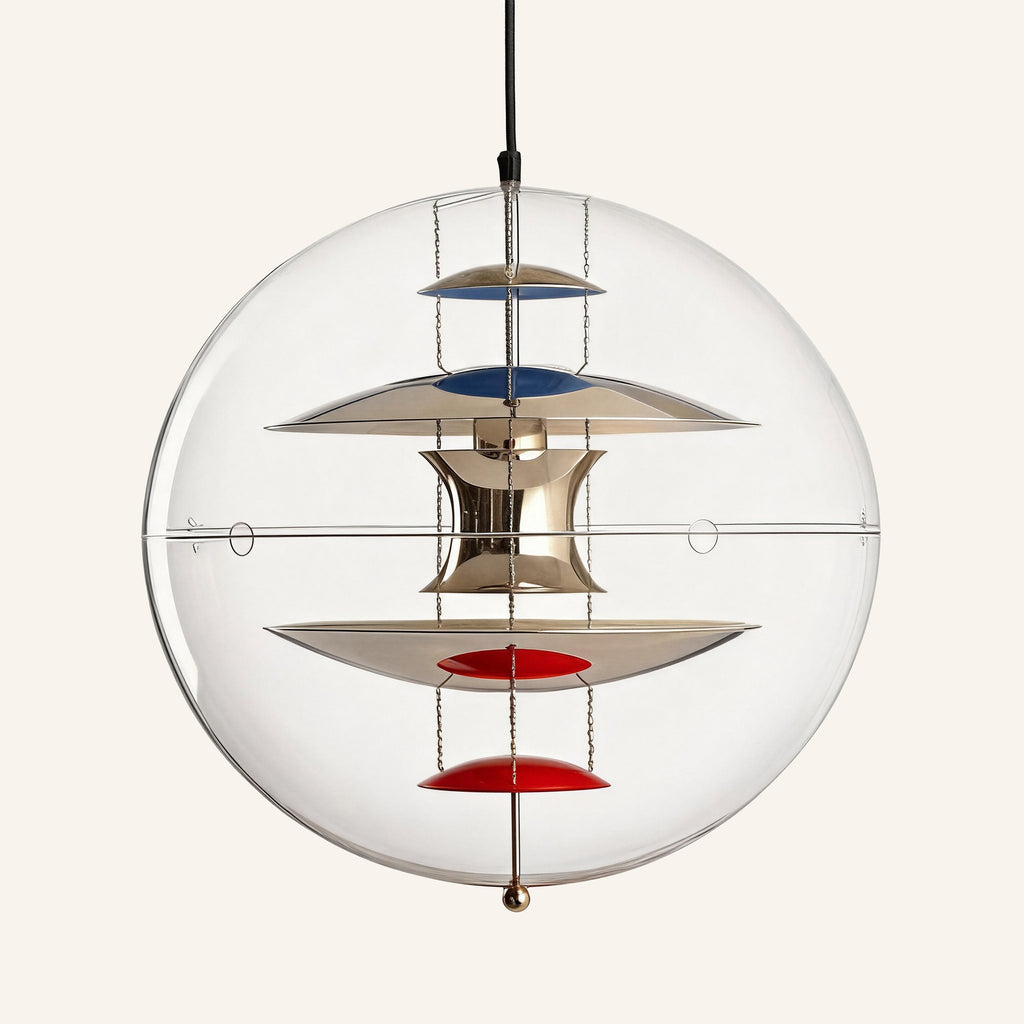 Clear glass globe pendant lamp on cream backdrop, polished metal hourglass diffuser stacked with blue and red reflector discs inside the sphere.