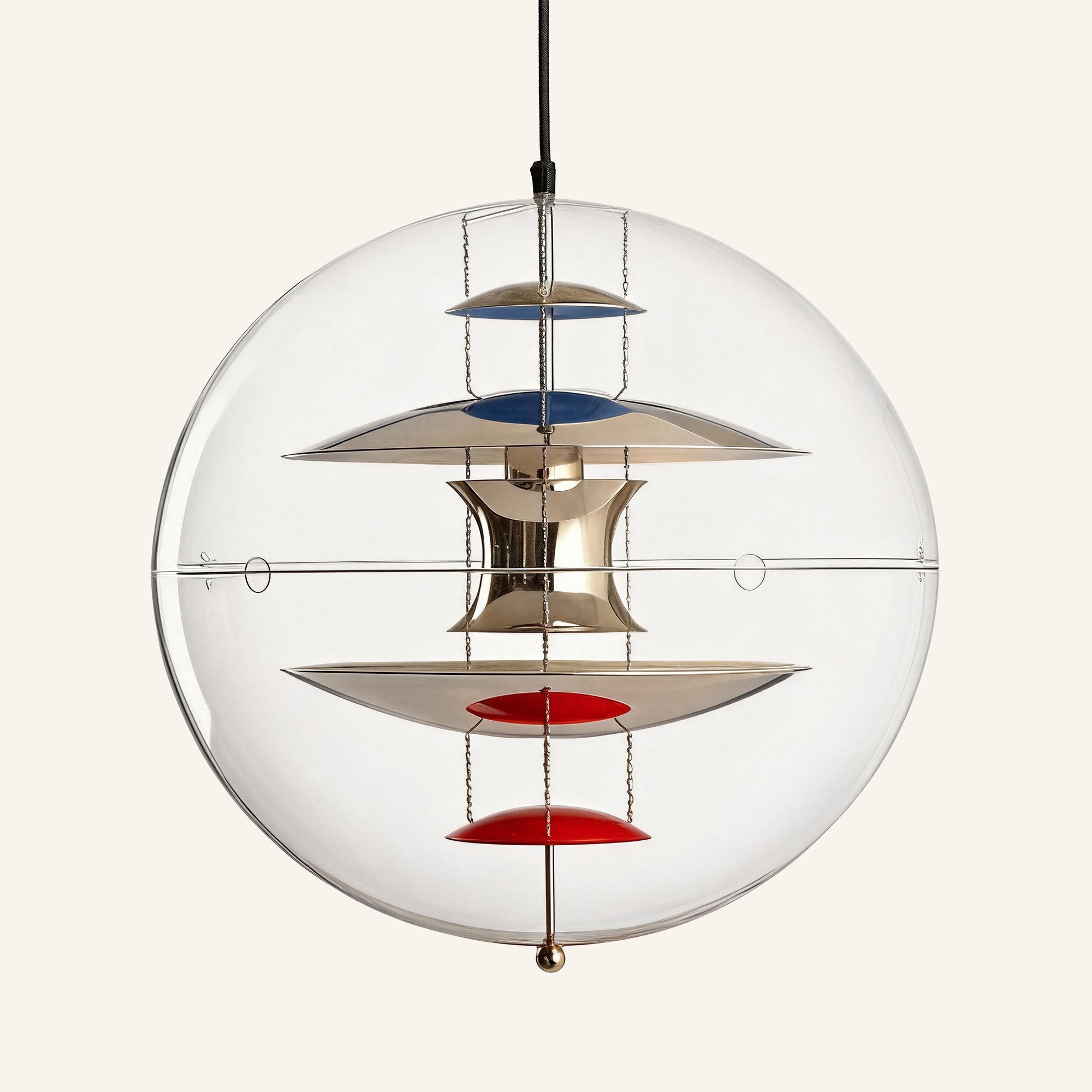 Clear glass globe pendant lamp on cream backdrop, polished metal hourglass diffuser stacked with blue and red reflector discs inside the sphere.