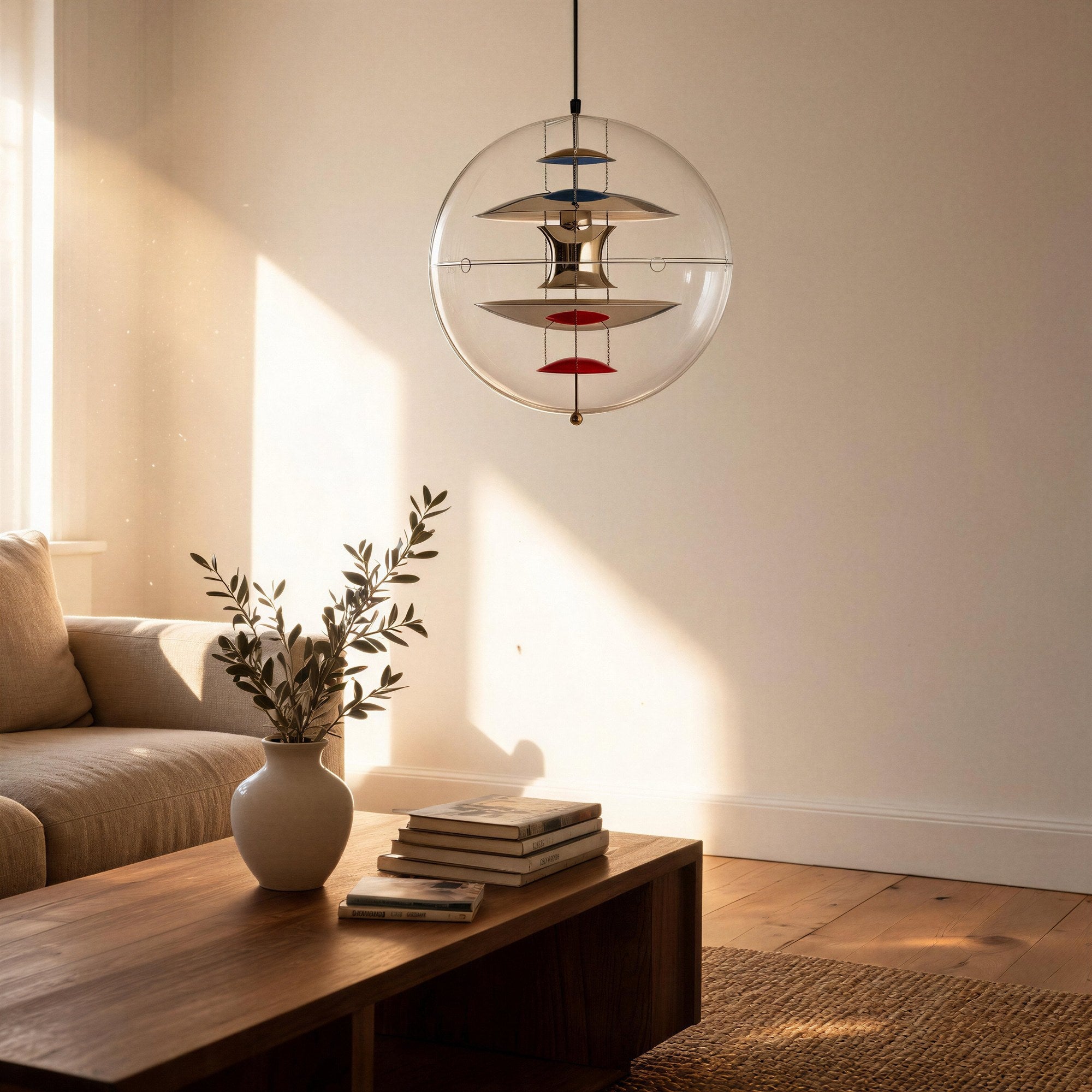 Spherical glass pendant lamp hanging above a wooden coffee table with vase and books, sunlit minimalist living room with linen sofa and jute rug.