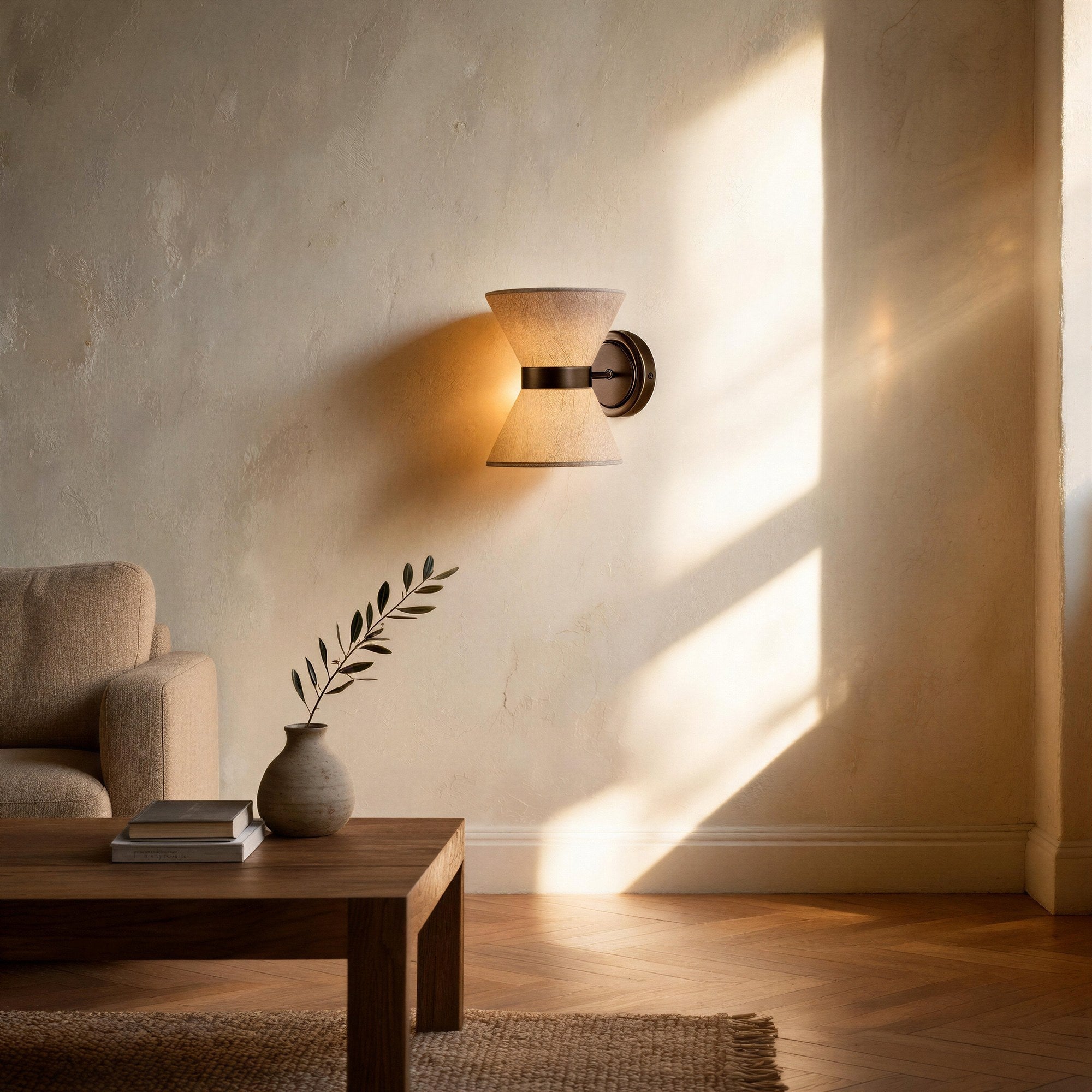 Wabi-sabi living room scene with the bronze and linen sconce glowing on a plaster wall above a wooden coffee table and olive sprig.
