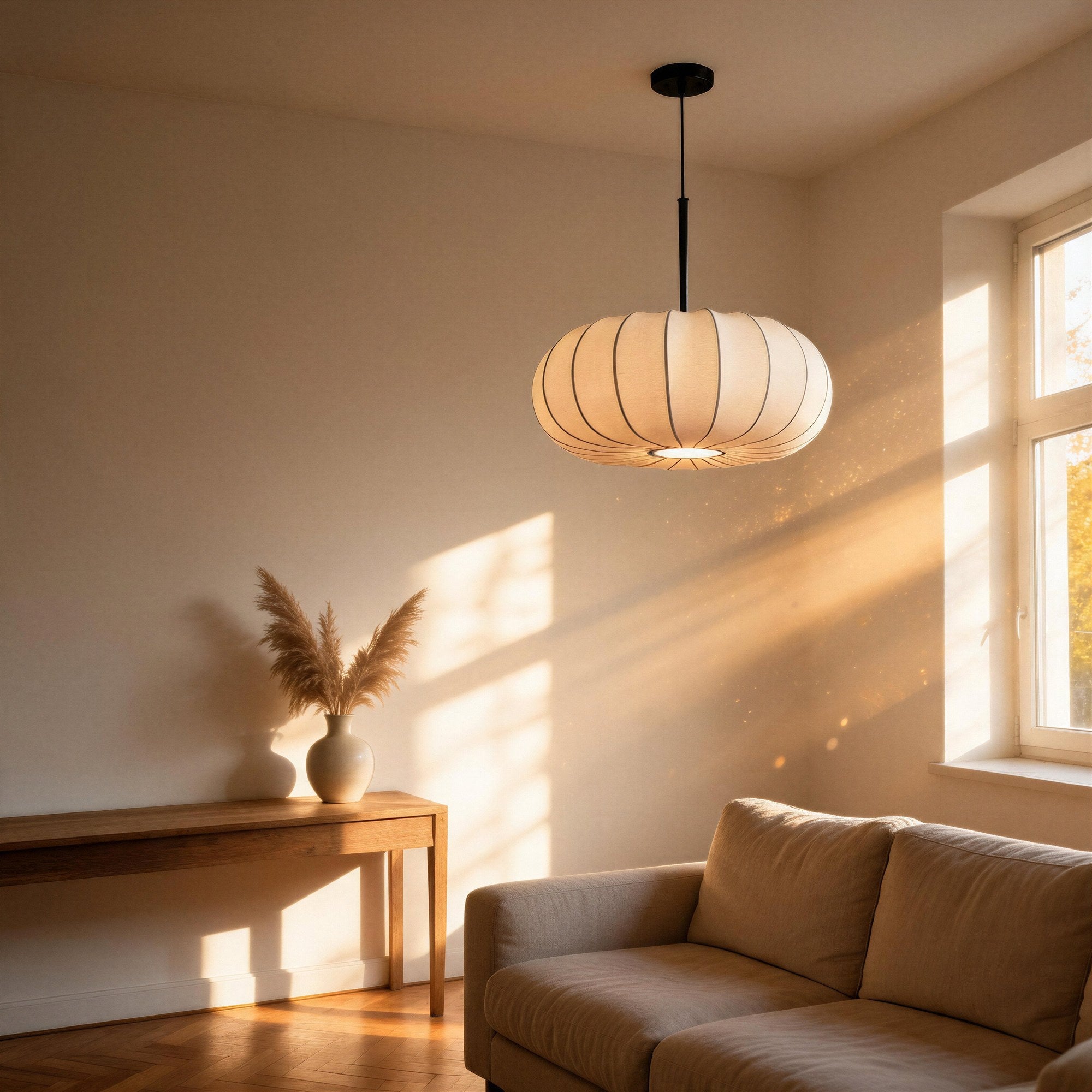 Sunlit japandi dining corner with the fabric pumpkin pendant glowing above a wooden console, pampas grass vase, and beige sofa near a window