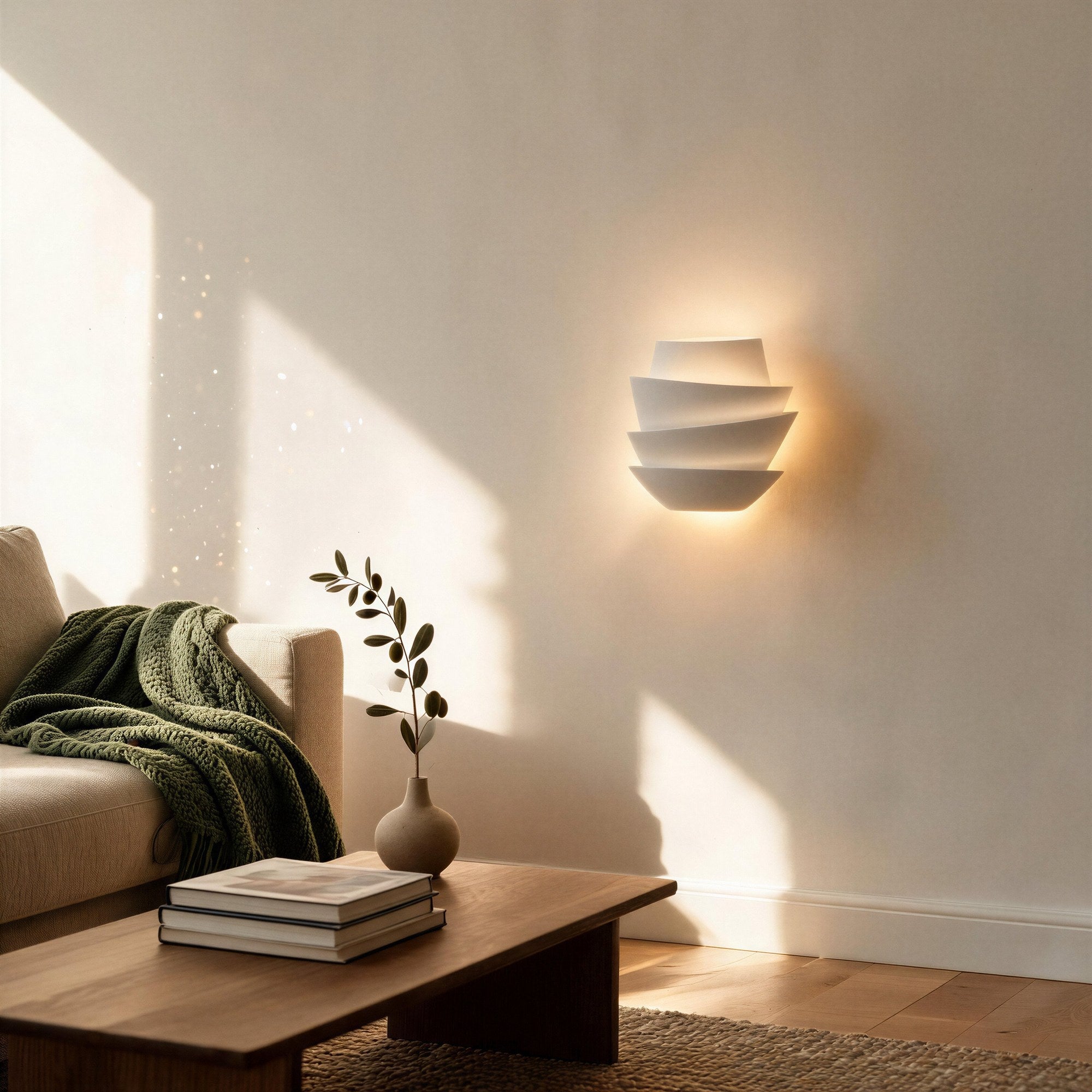 Petal wall sconce glows warmly in a sunlit living room above a wooden coffee table with olive sprig, books, and green throw