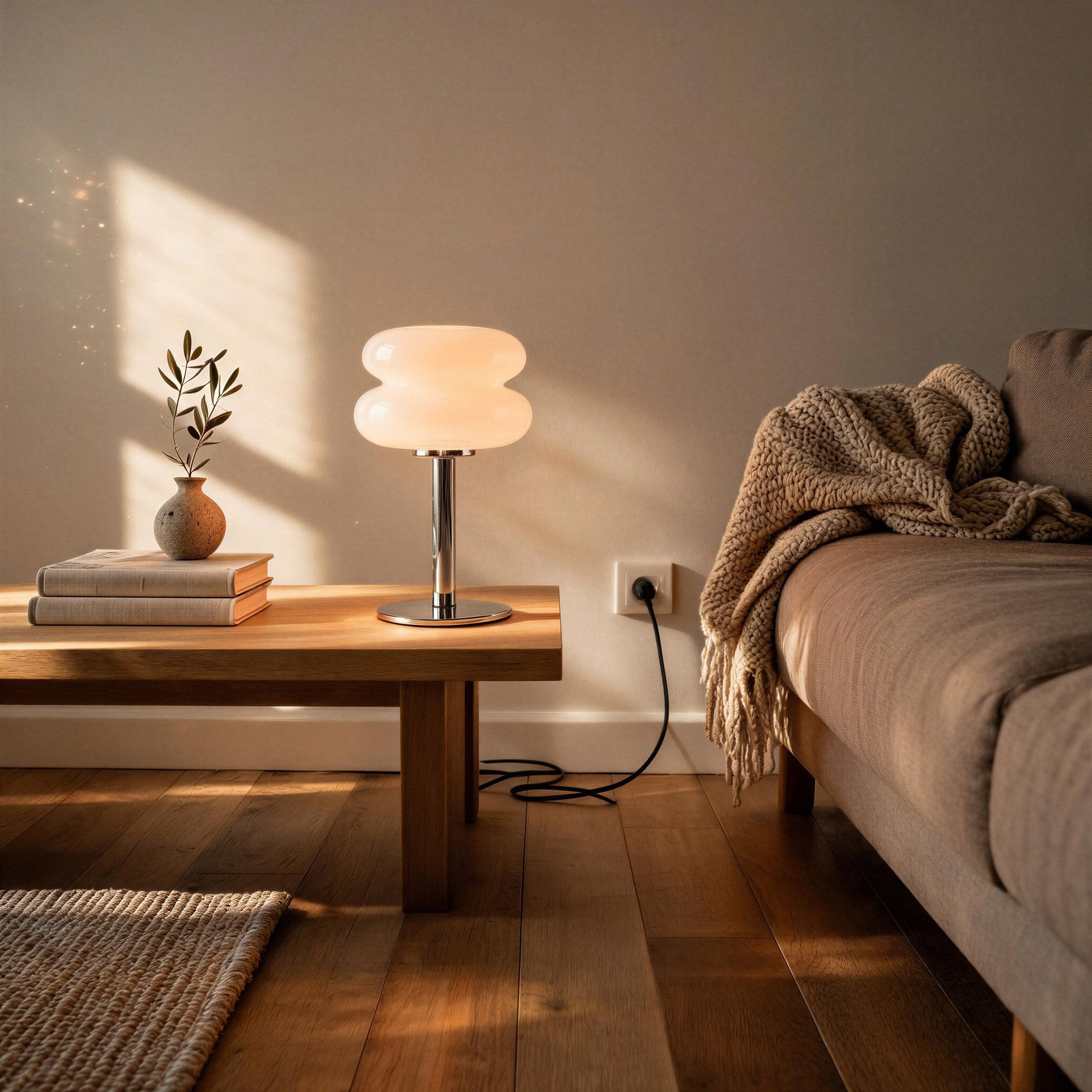 Warm-glowing macaron lamp on oak bench beside olive sprig and stacked books, sofa with knit throw in cozy evening living room