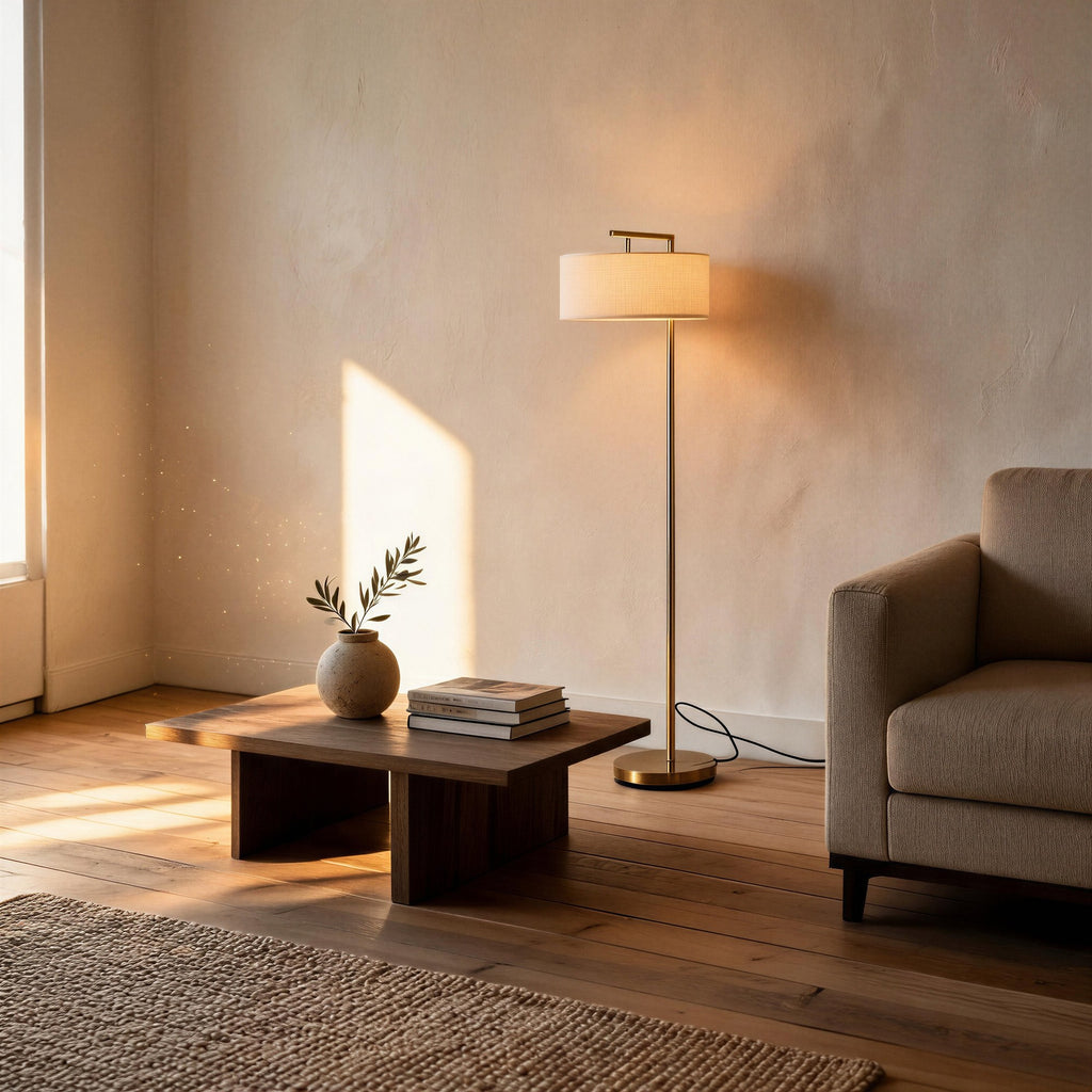 Lit gold floor lamp glowing beside a beige sofa and dark wood coffee table in a sunlit minimalist living room.