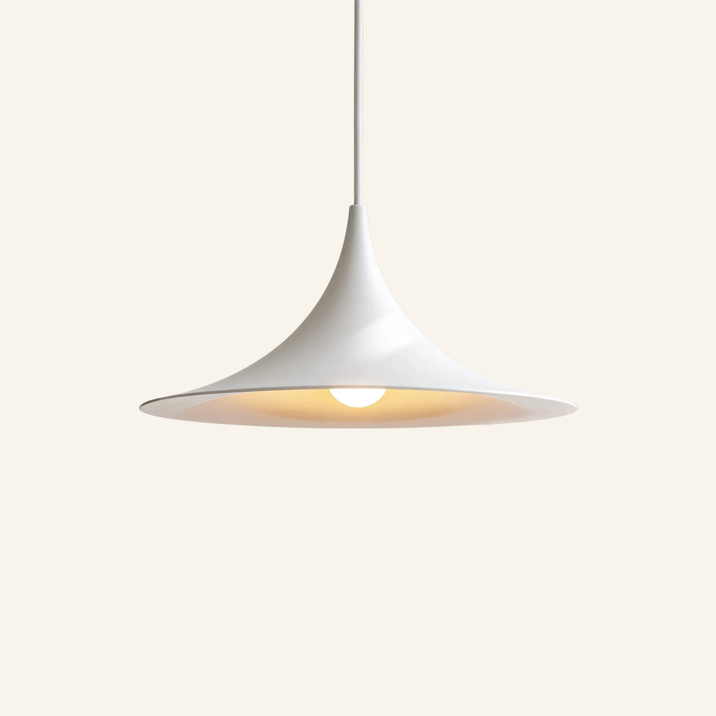 White spun-metal pendant lamp version with curved cone shade and flat brim, hung from a slim cord against a soft cream background.