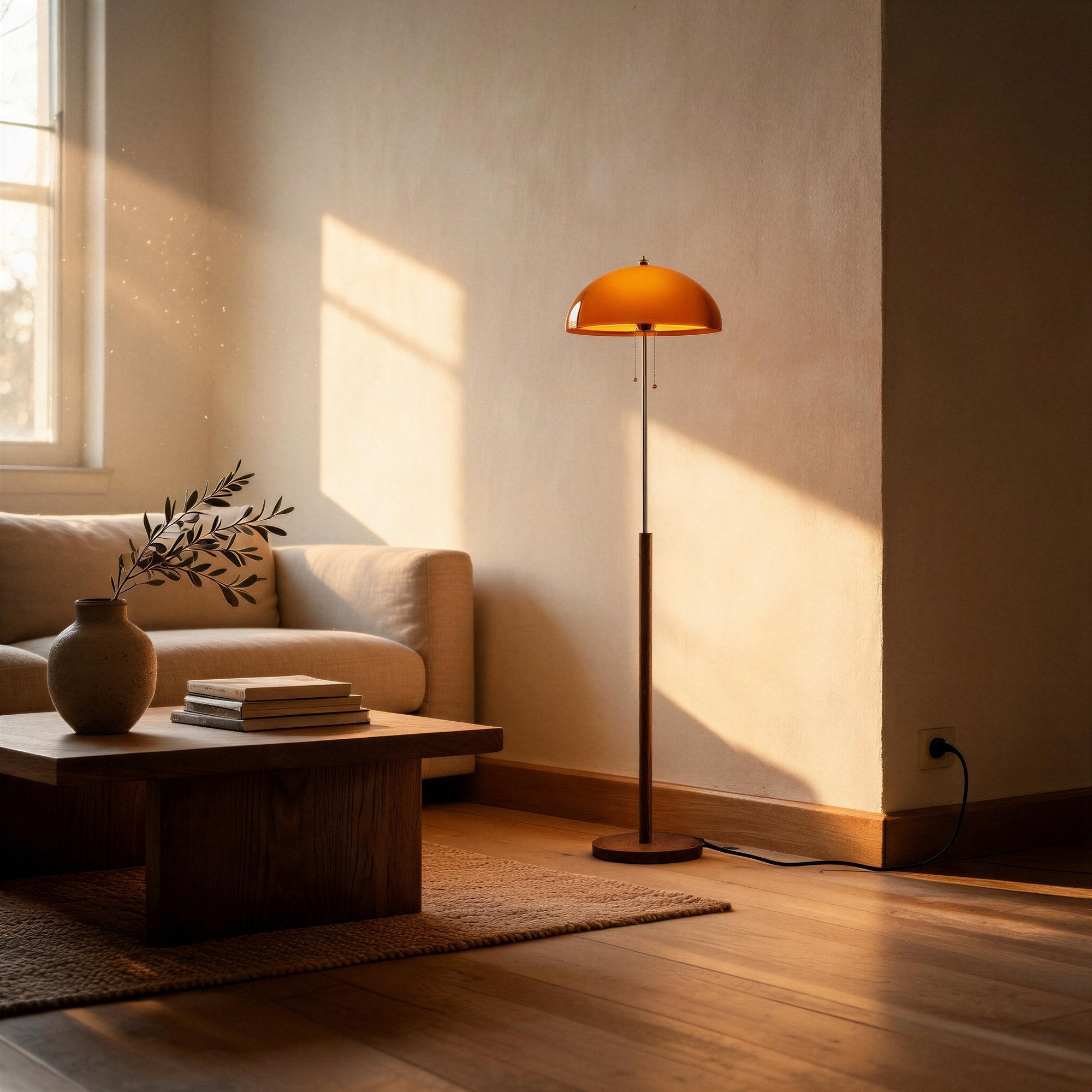 Walnut-stemmed floor lamp casts warm amber light beside a linen sofa and wooden coffee table in a sunlit living room corner