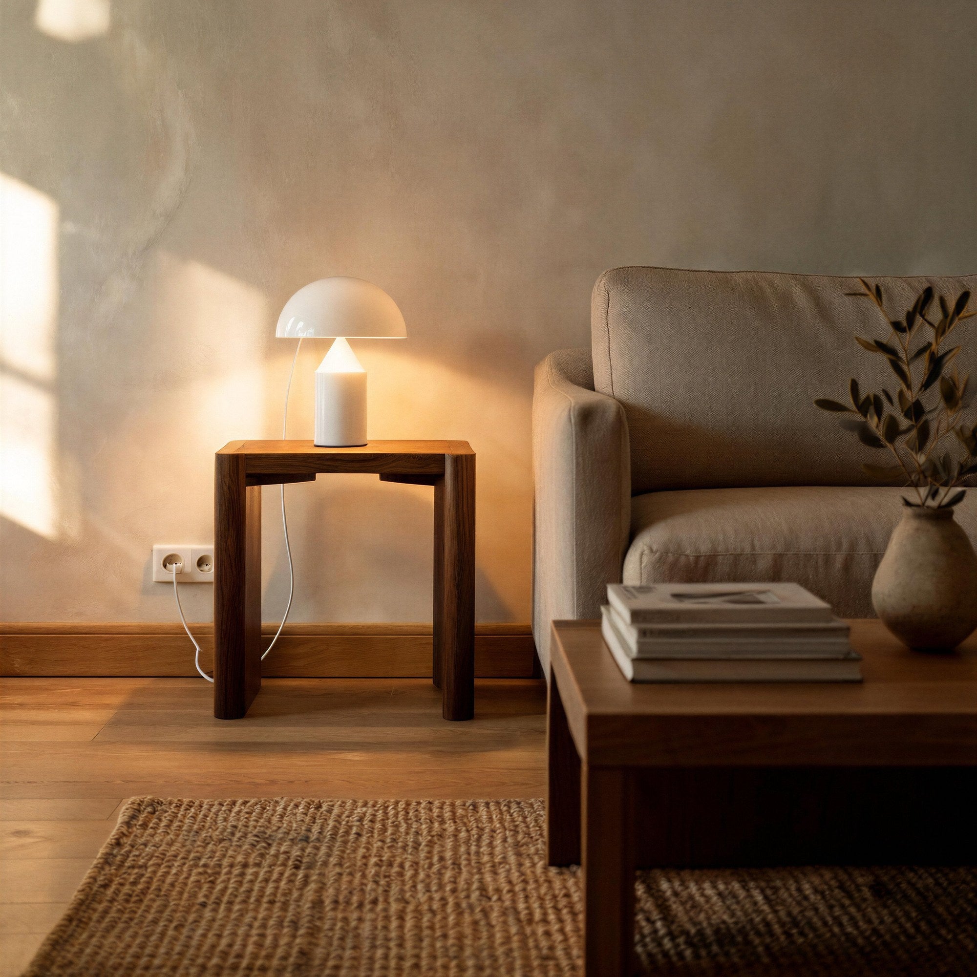 Lit white dome lamp on a walnut side table beside a linen sofa, casting warm light across plaster walls