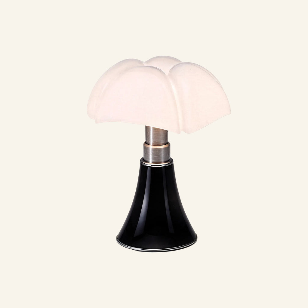 Compact variant of the mushroom dome lamp featuring glossy black lacquered conical base under tiered opal acrylic scalloped shade