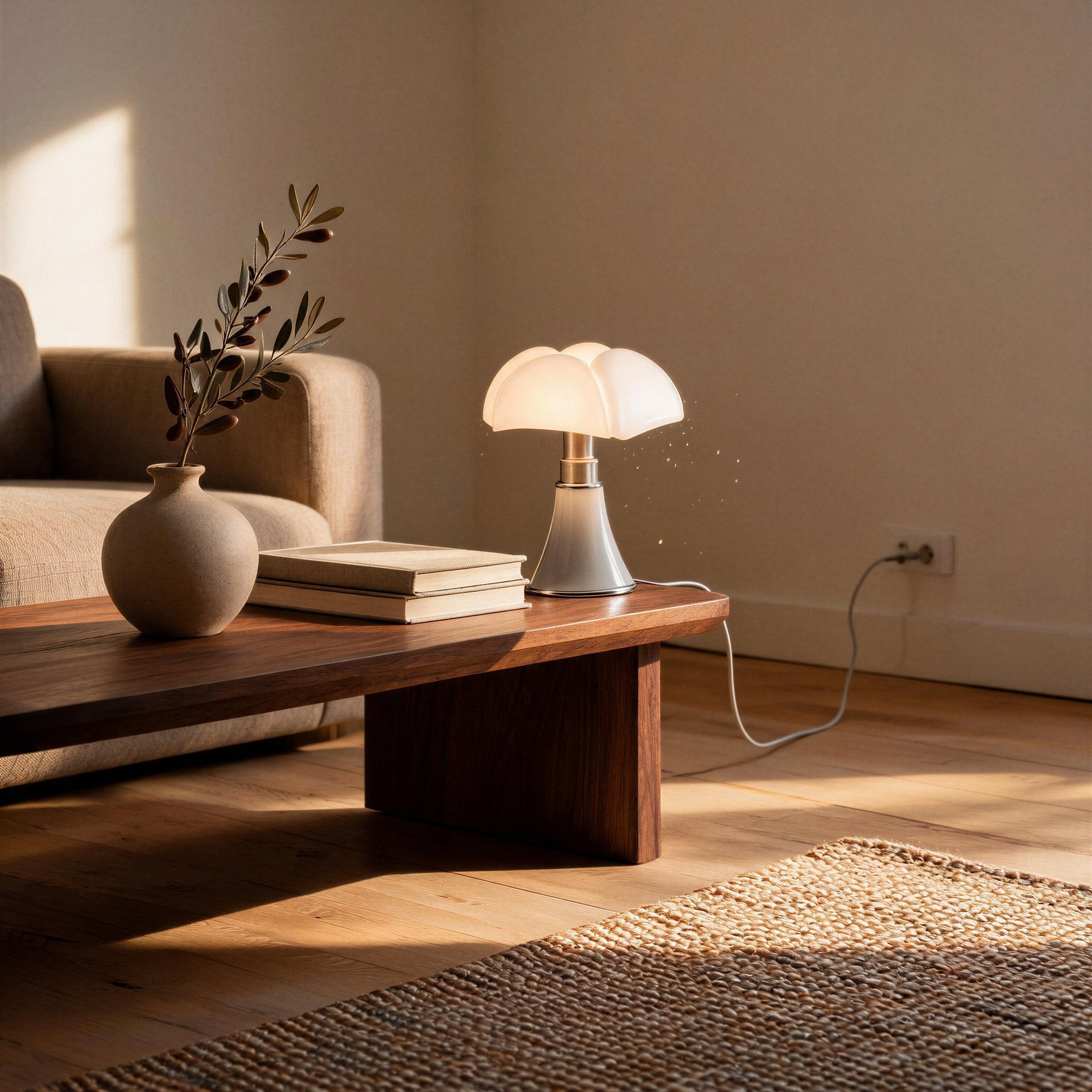 Lit mushroom table lamp glowing on walnut coffee table beside ceramic vase and books in sunlit bedroom corner with jute rug