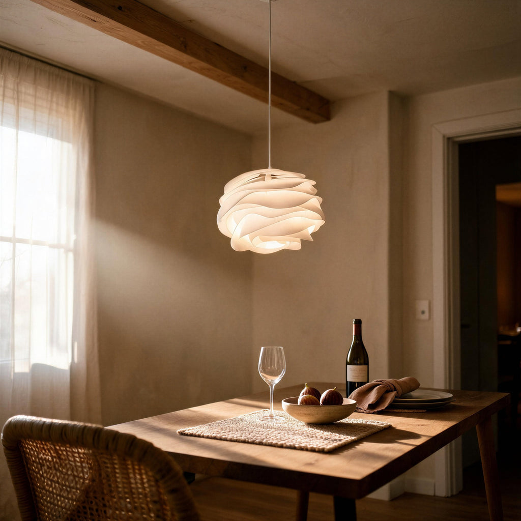 Petal pendant lamp glowing warmly above an oak dining table set with wine, figs and a rattan chair beneath a beamed ceiling