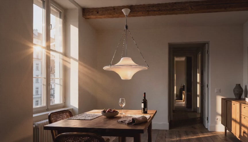 Cinematic video of a white glossy UFO saucer pendant lamp suspended by steel cables above a wooden dining table in golden sunlight.