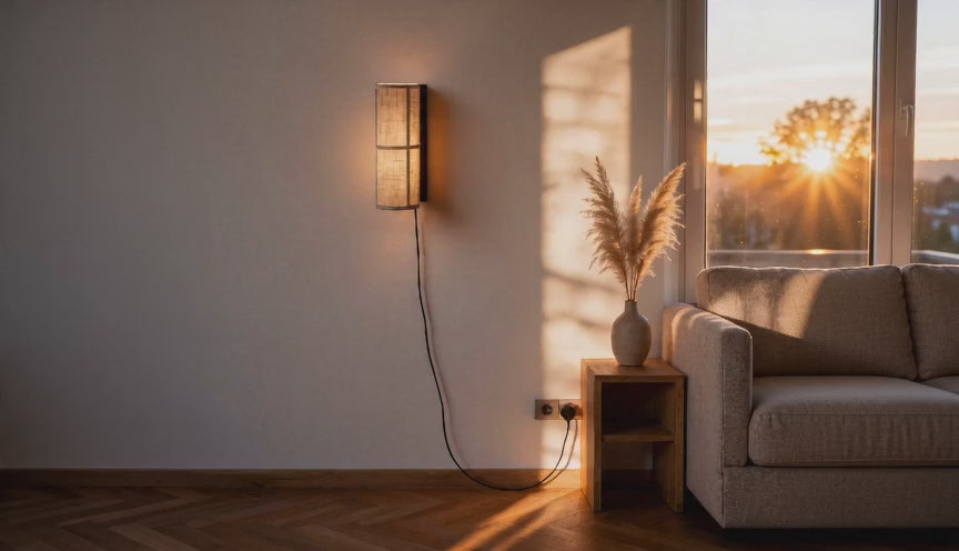 Cinematic video of a cylindrical linen wall sconce glowing warmly beside a sofa as sunset light streams through the window.
