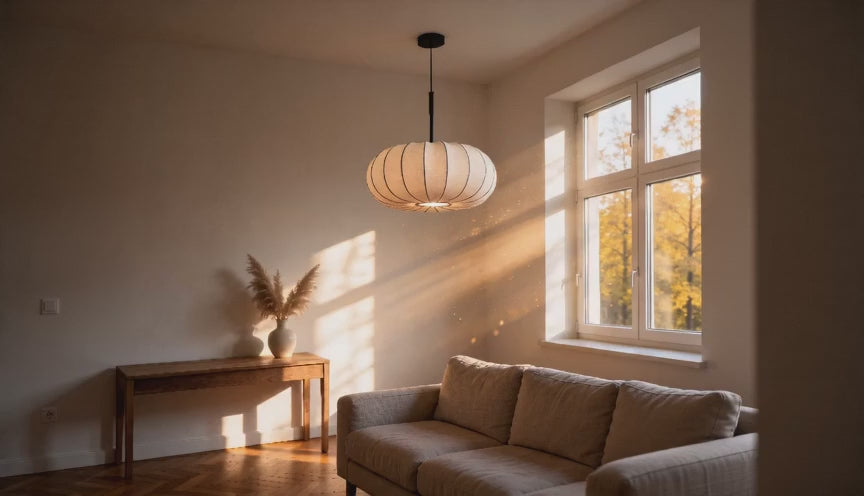 Cinematic video of an off-white pleated pumpkin pendant lamp glowing softly in a sunlit living room with autumn window views.