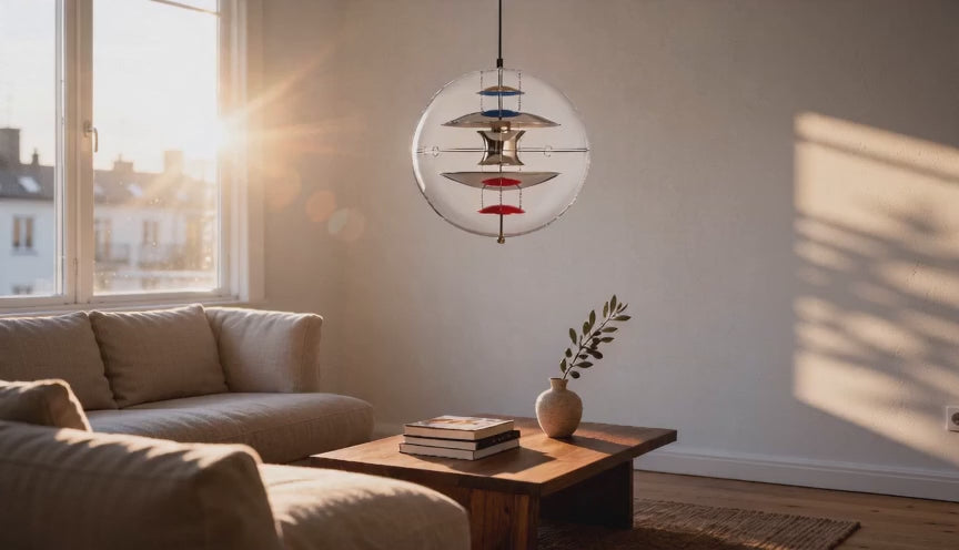 Cinematic video of a clear glass globe pendant lamp with stacked multi-color iron reflector discs glowing above a sunlit living room sofa.