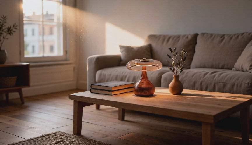 Cinematic video of a mushroom wood-base table lamp with amber glass dome glowing softly on a wooden coffee table in a sunlit living room.