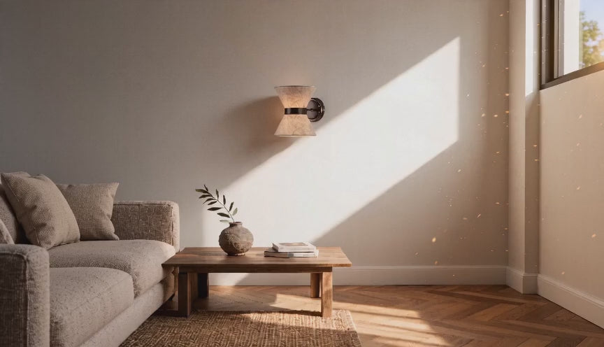 Cinematic video of an hourglass wall sconce with beige linen shades casting warm sunlit shadows across a living room wall above a wooden coffee table.
