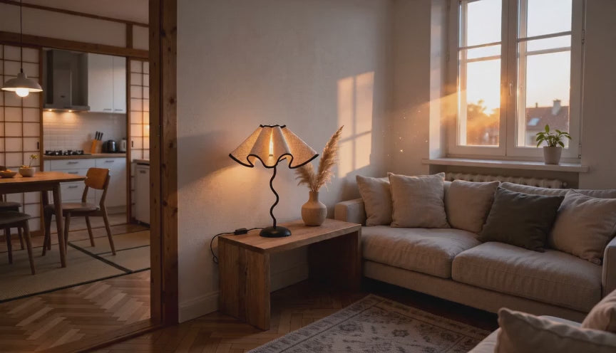 Cinematic video of a scalloped linen petal table lamp glowing on a wooden console in a sunlit living room at golden hour.