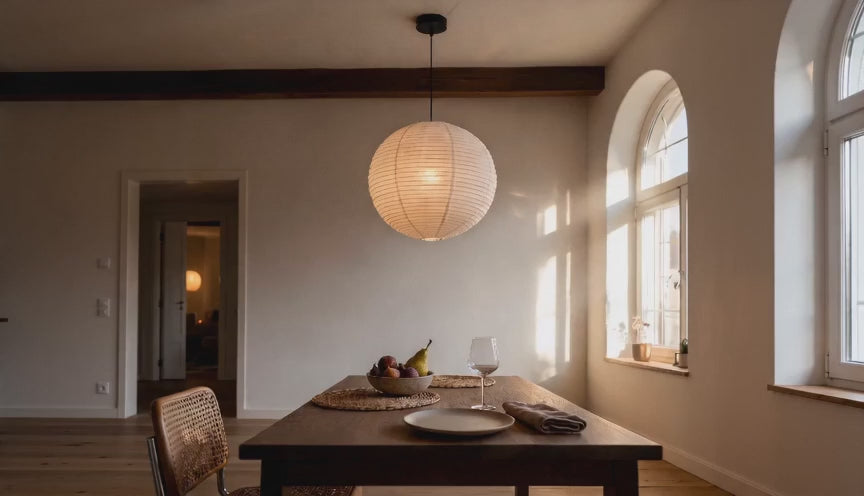 Cinematic video of a round ribbed rice paper globe pendant glowing above a wooden dining table with fruit bowl and wine glass.