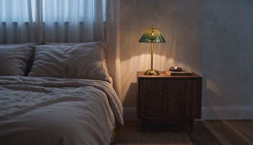 Cinematic bedroom video of a cordless table lamp with pleated green ribbed glass shade and brass stem glowing on a walnut nightstand.