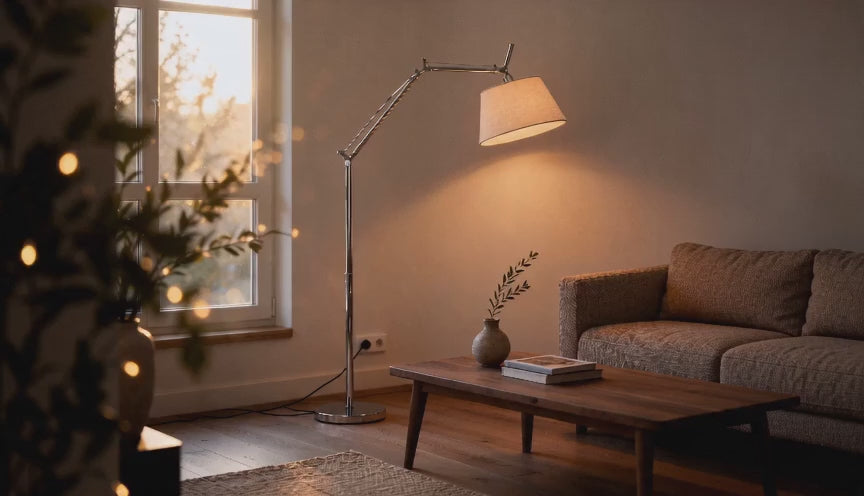 Cinematic video of an adjustable swing arm floor lamp with polished aluminum frame and ivory fabric shade glowing beside a sofa at dusk.