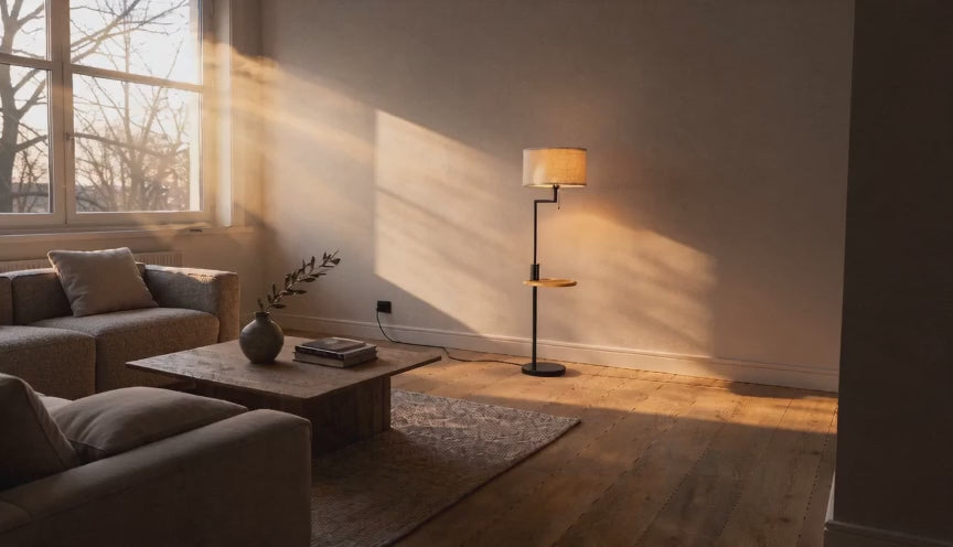 Cinematic video of a black metal floor lamp with bamboo side shelf and cream linen drum shade glowing in a sunlit living room.